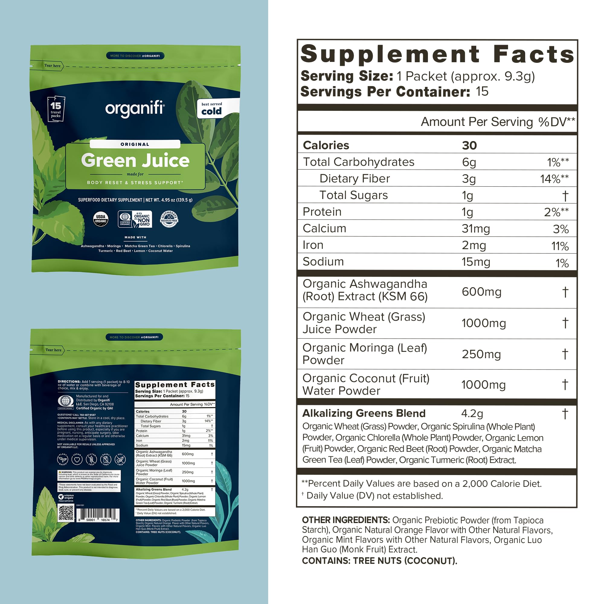 Organifi GO Packs organic dried greens highlighting clean ingredients.