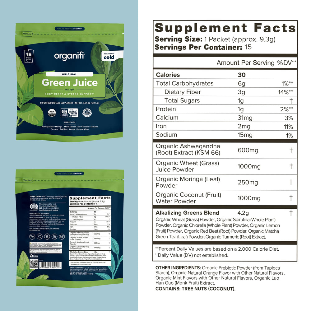 Organifi GO Packs organic dried greens highlighting clean ingredients.