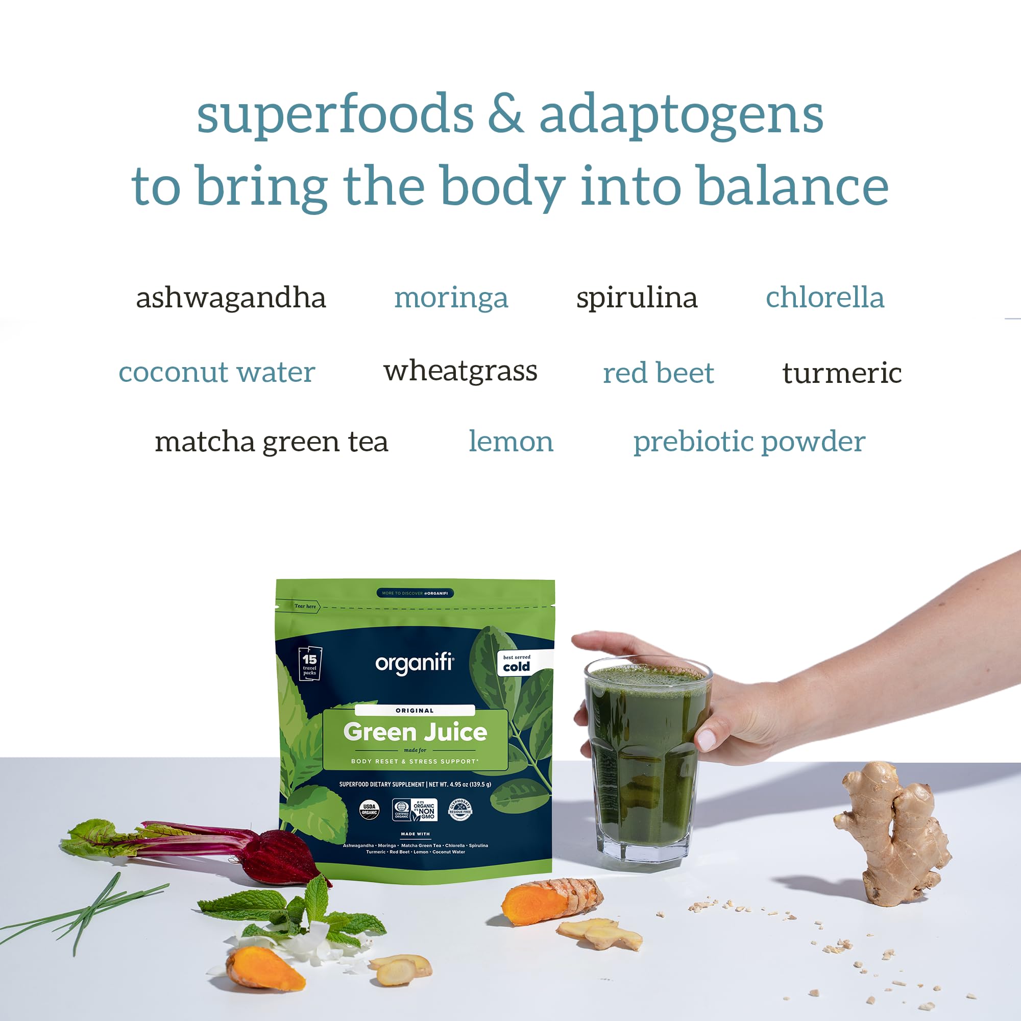 Organifi GO Packs organic greens powder close-up shows texture.