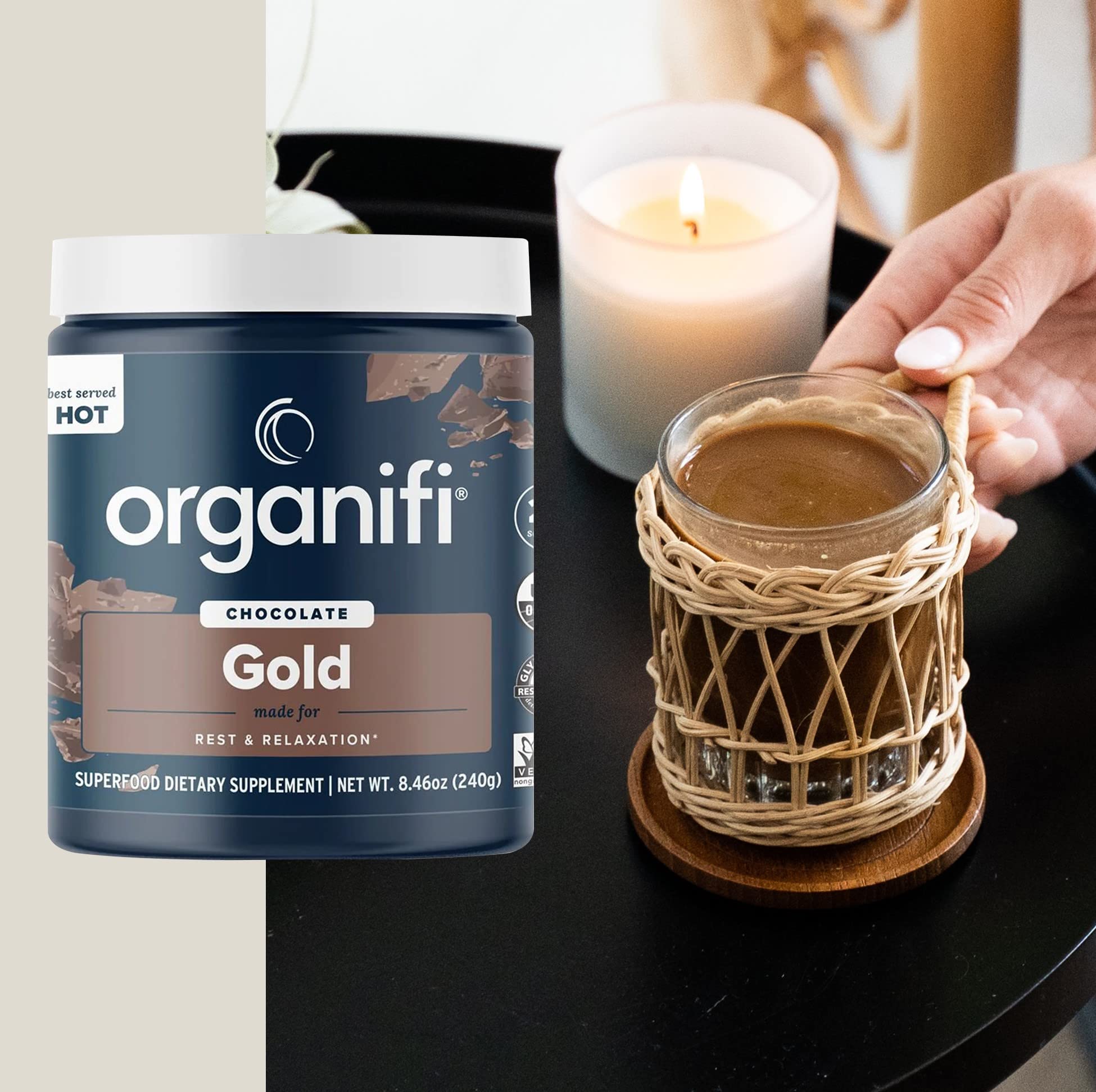 Organifi Gold Chocolate close-up powder highlighting rich aroma