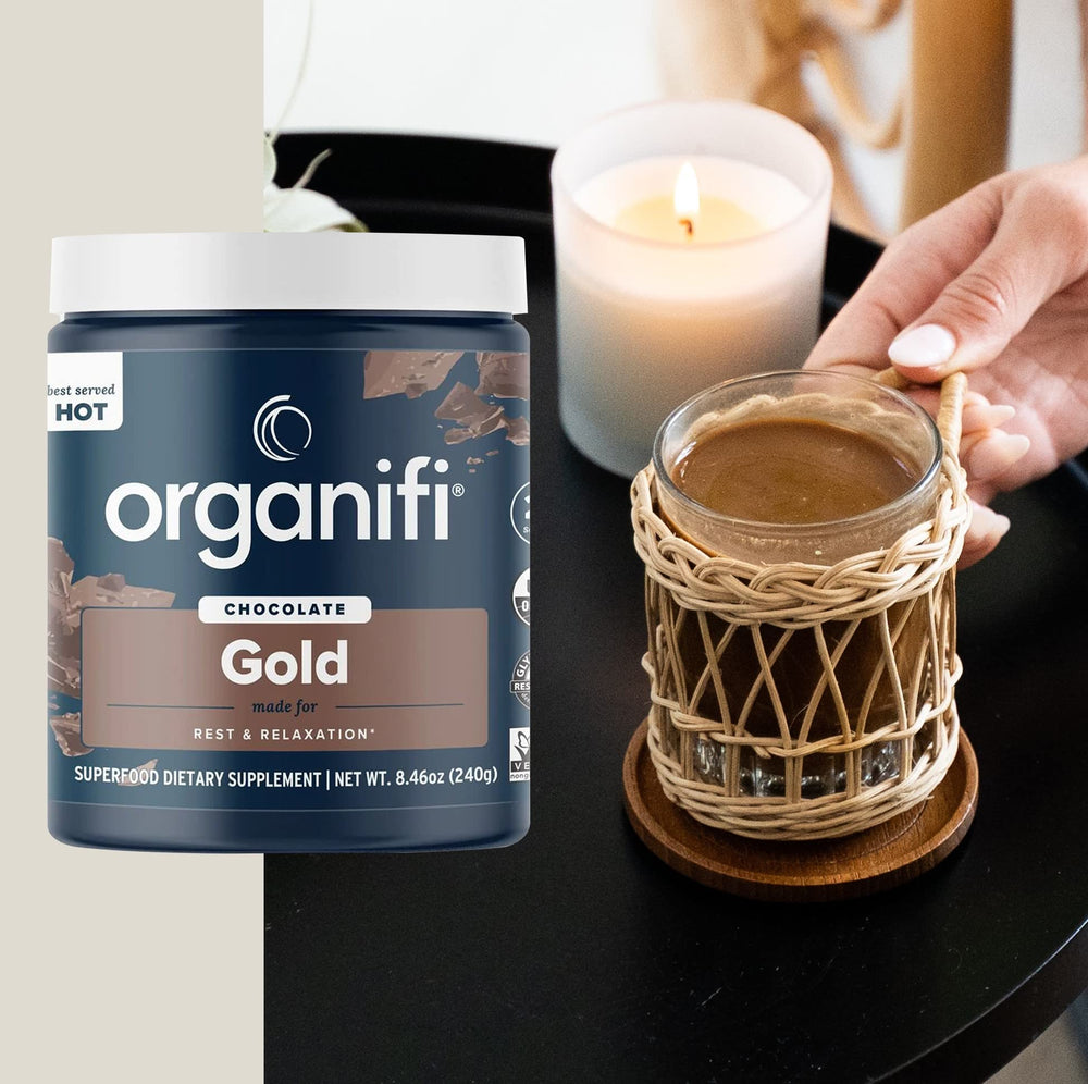 Organifi Gold Chocolate close-up powder highlighting rich aroma