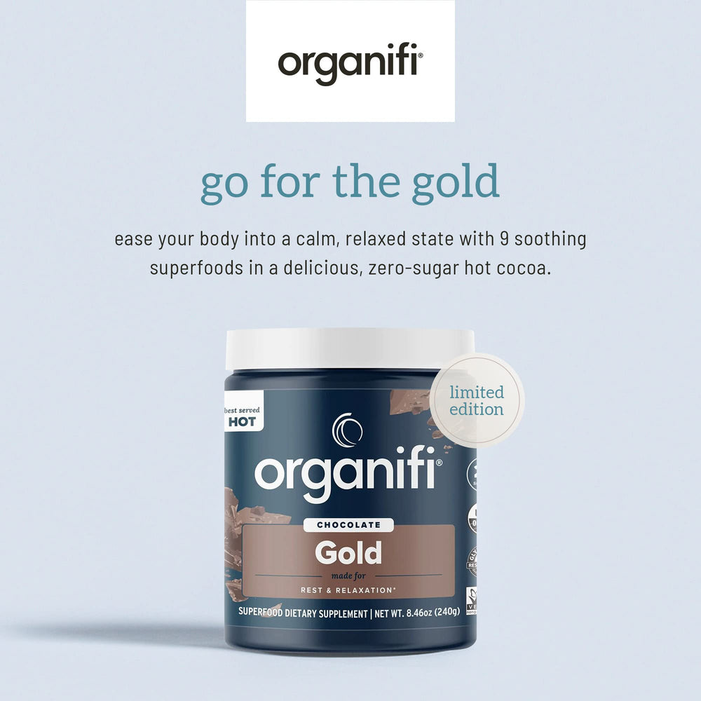Organifi Gold Chocolate ingredients bundle featuring cocoa and reishi for balance