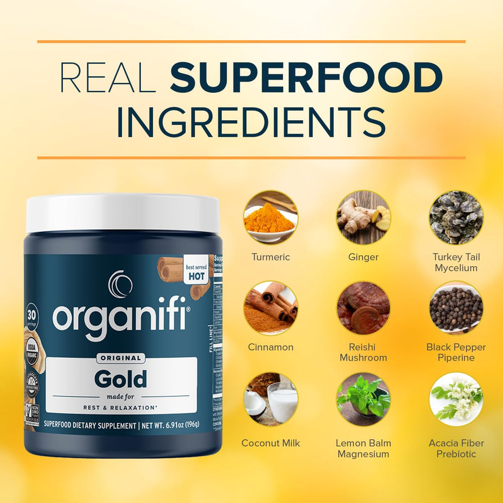 Warm-toned Organifi Gold setup signaling nighttime self-care.