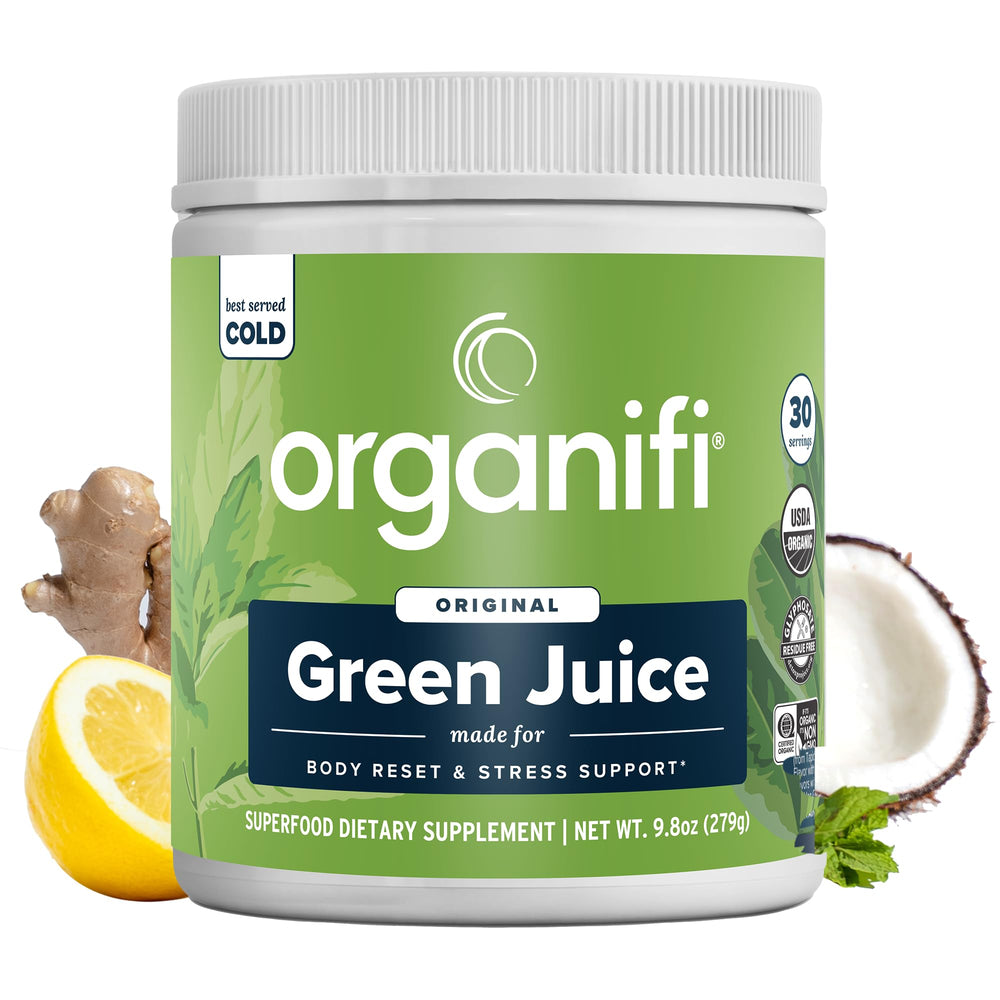 Organifi Green Juice bottle on kitchen counter supports daily wellness