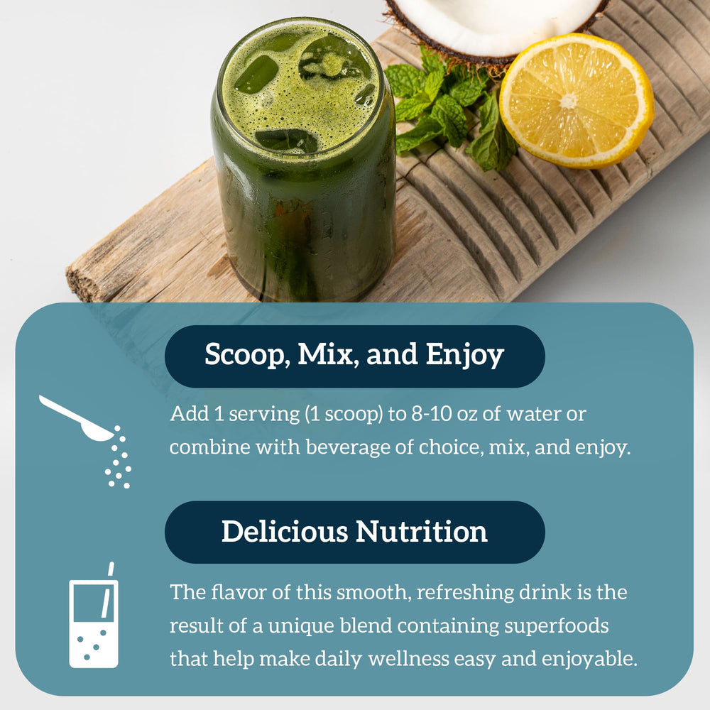 Organifi Green Juice ingredients panel highlights spirulina and chlorella