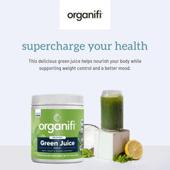 Scoop of Organifi Green Juice powder ready for a smoothie