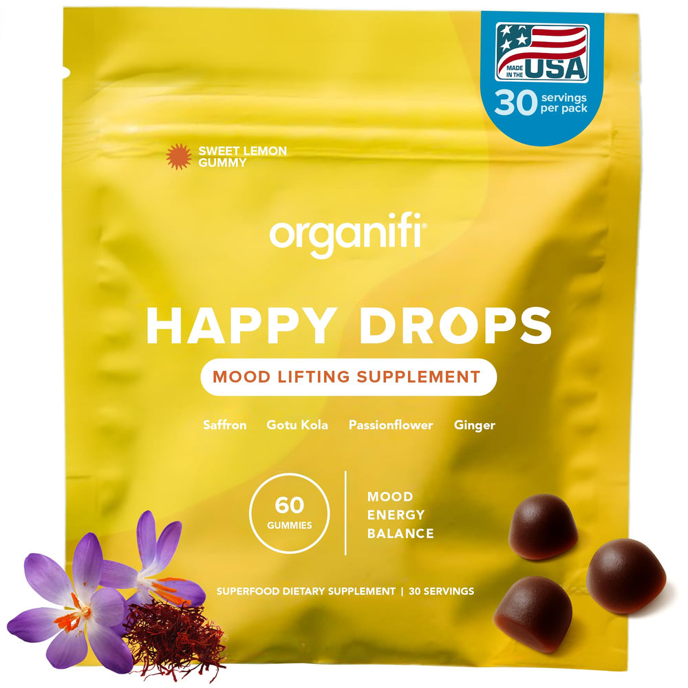 Organifi Happy Drops bottle close-up showing mood-boosting gummy texture and design.