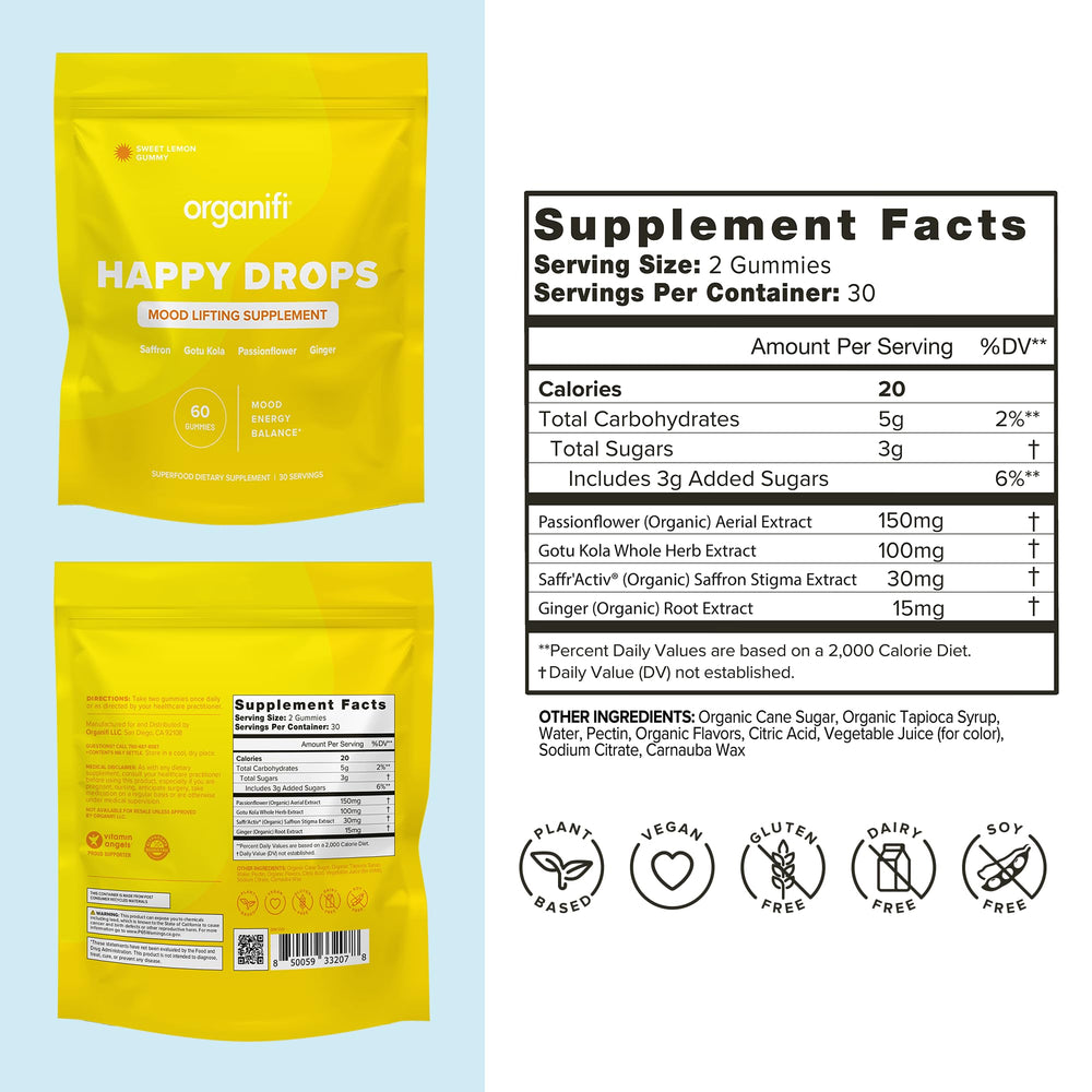 Organifi Happy Drops gummies on hand for a convenient daily mood boost.