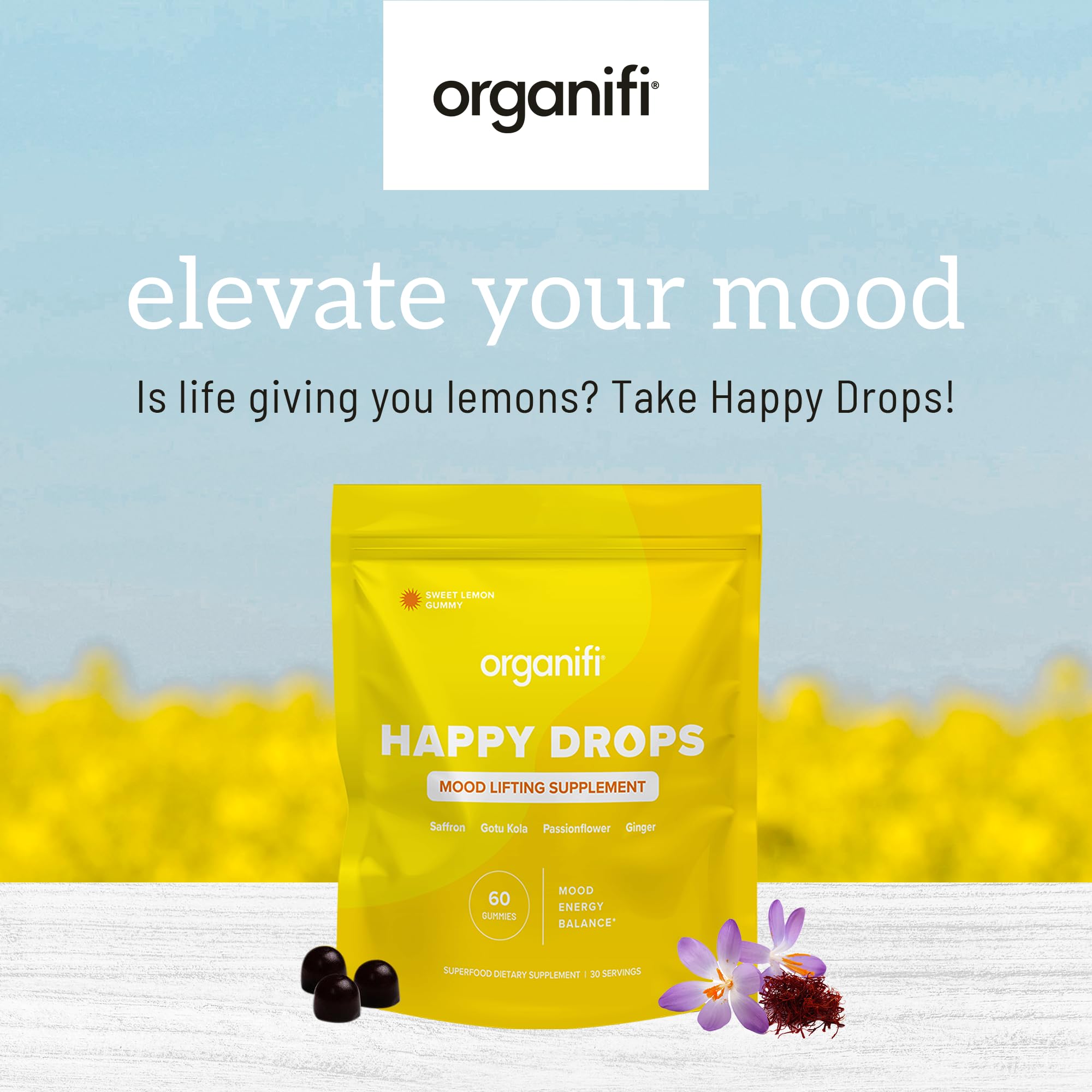 Organifi Happy Drops lemon-flavored gummies with bright citrus appeal.