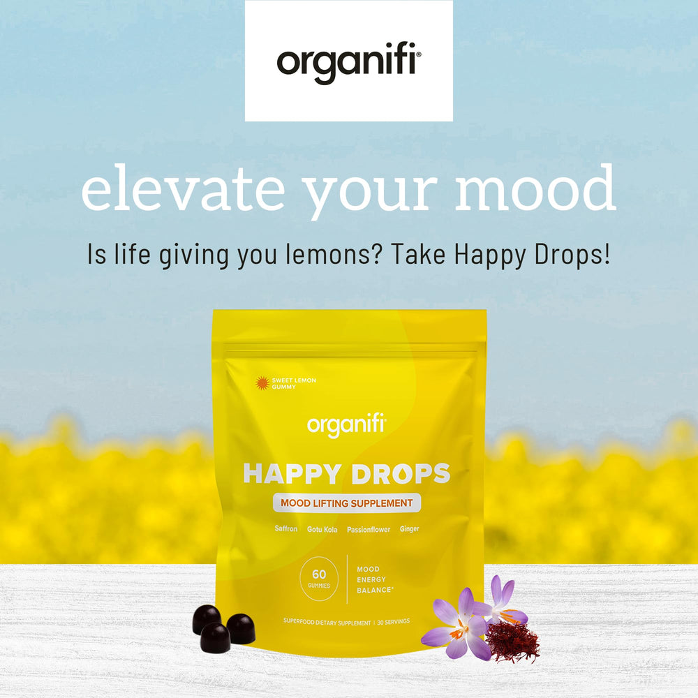 Organifi Happy Drops lemon-flavored gummies with bright citrus appeal.