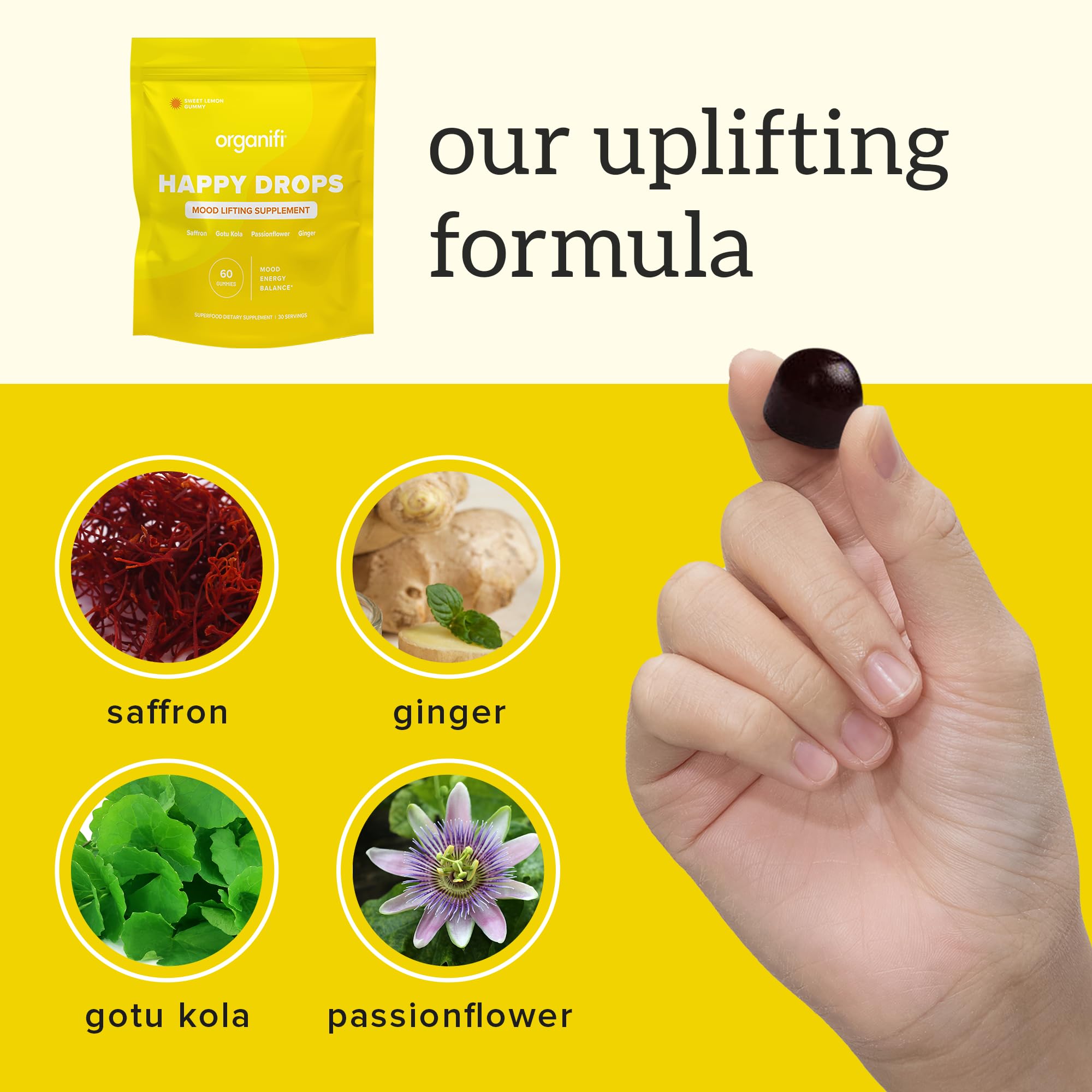 Organifi Happy Drops mood-boost visual conveying calm and energy.