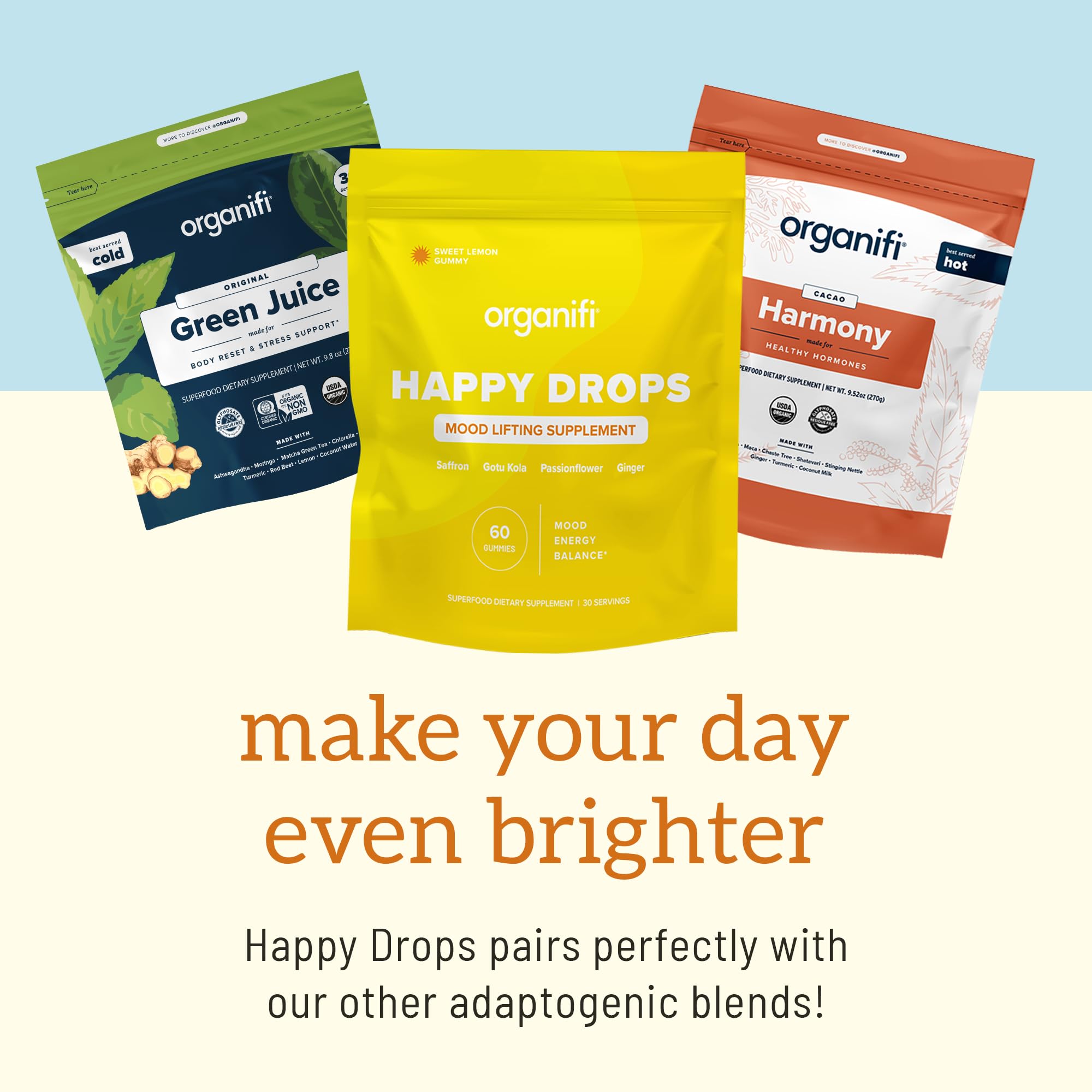 Organifi Happy Drops ingredients scene featuring saffron and botanicals.