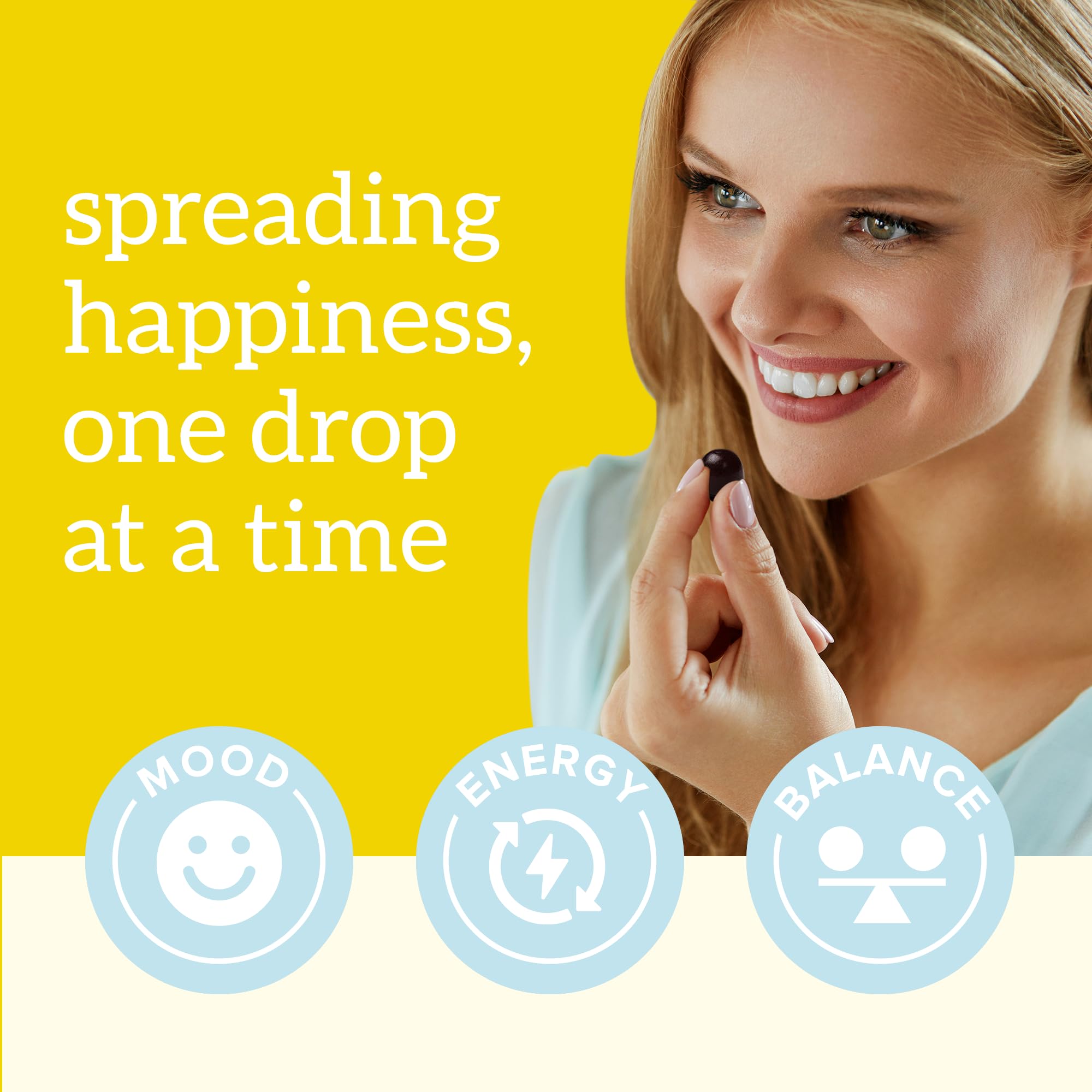 Organifi Happy Drops packaging front highlighting vegan and gluten-free attributes.