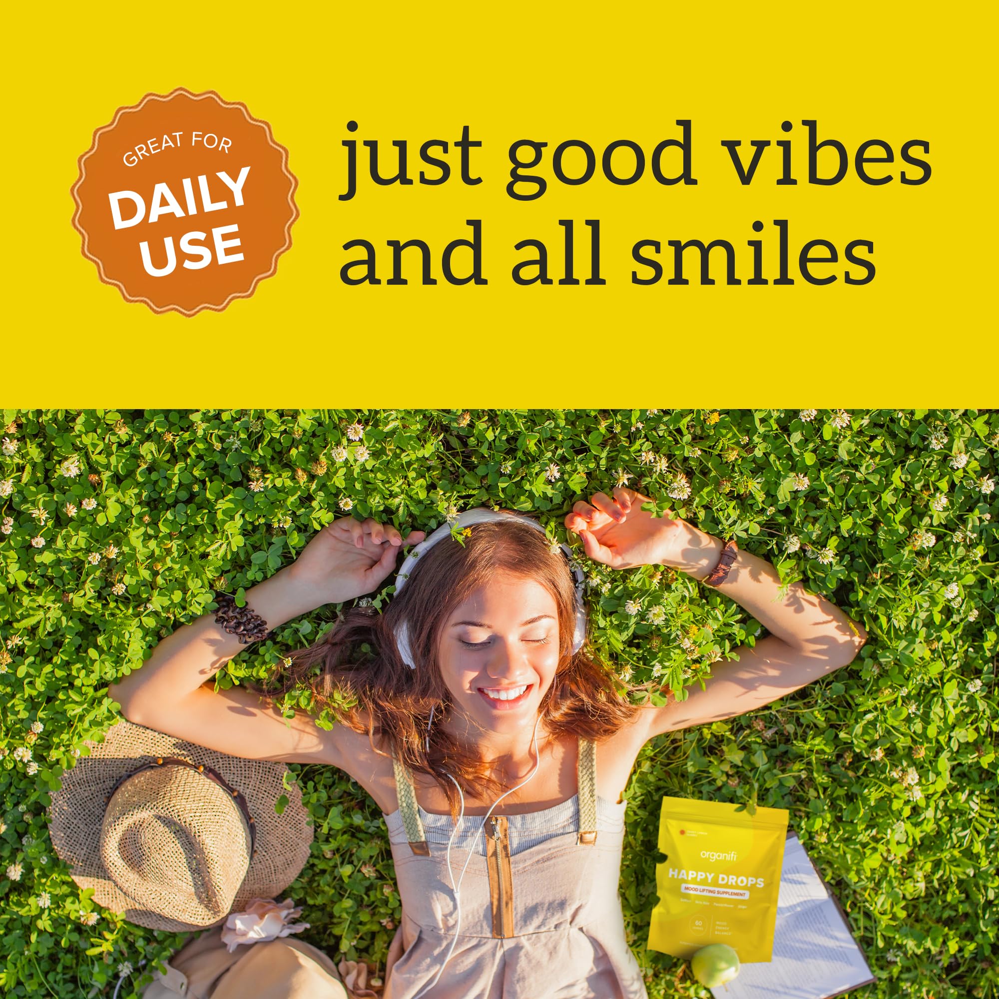 Organifi Happy Drops vegan, gluten-free label emphasized for clean eating.