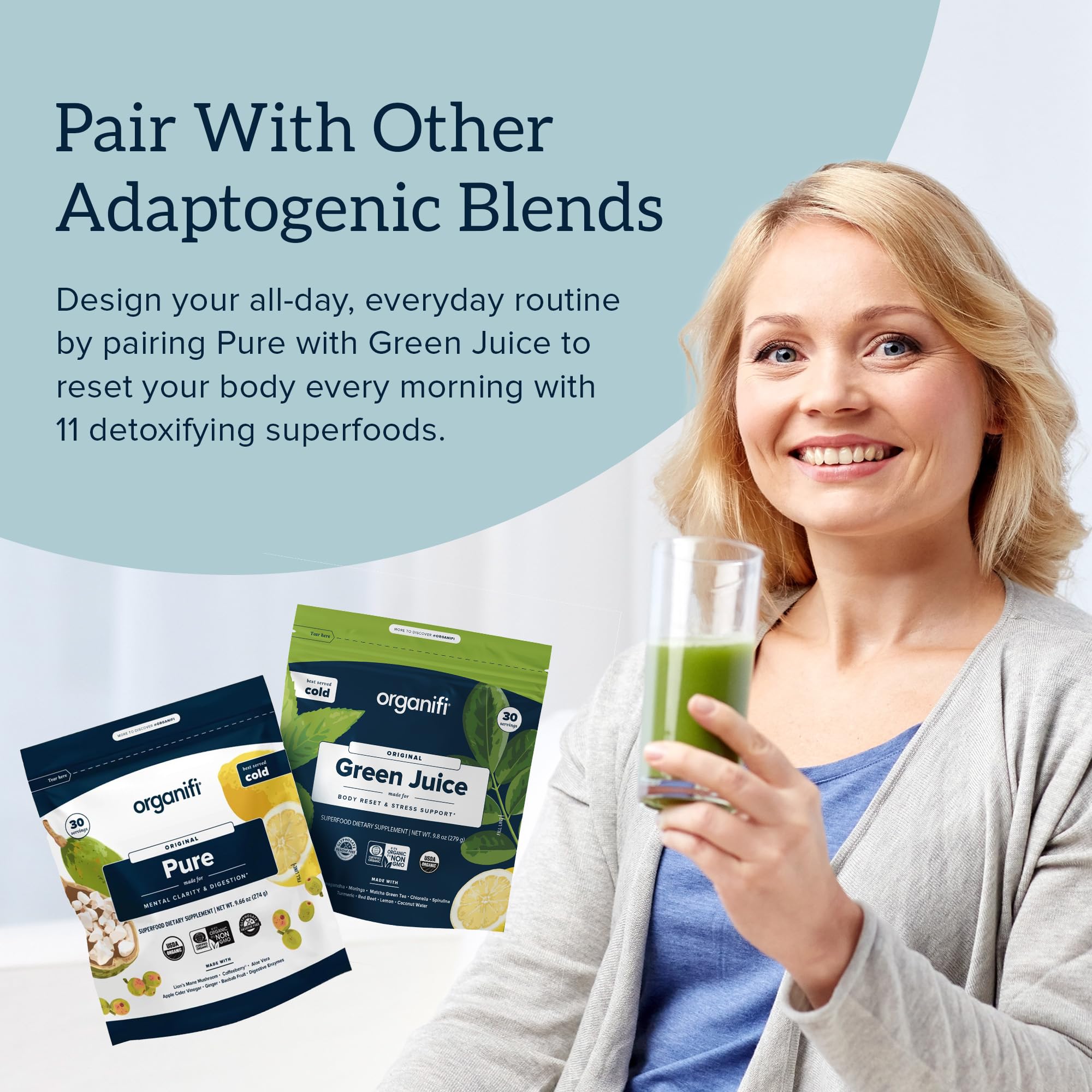 Organifi Pure serving sachet ready to mix for on-the-go learning.