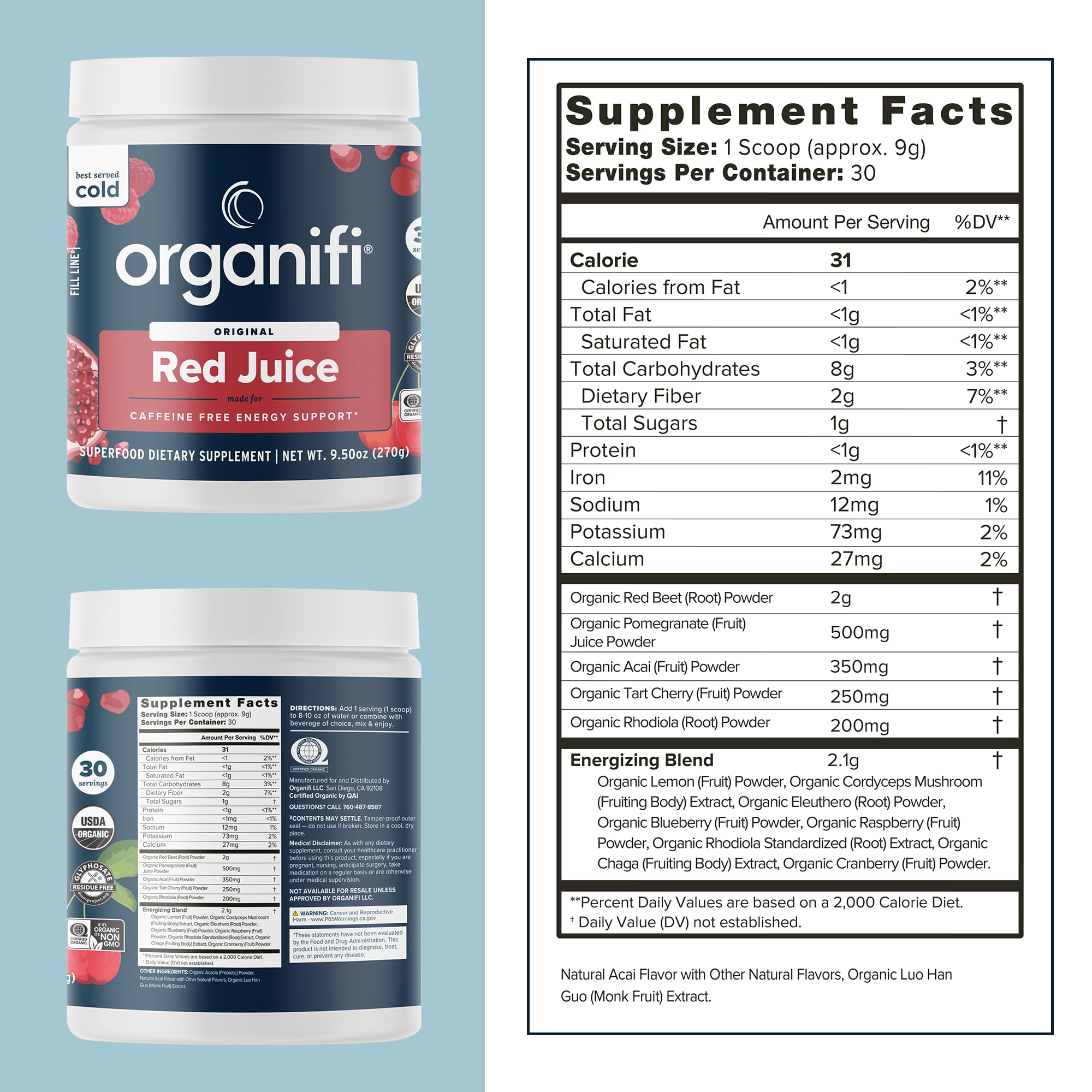 Organifi Red Juice with cordyceps and chaga mushrooms boosts stamina during workouts.