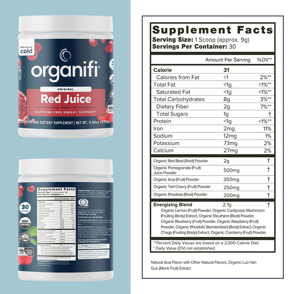 Organifi Red Juice with cordyceps and chaga mushrooms boosts stamina during workouts.