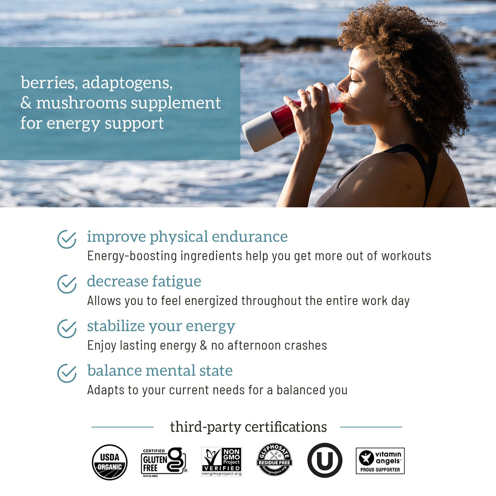 Organifi Red Juice supports digestion and immune health through lemon and mushrooms.