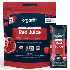 Organifi Red Juice bottle poured for a caffeine-free energy boost.