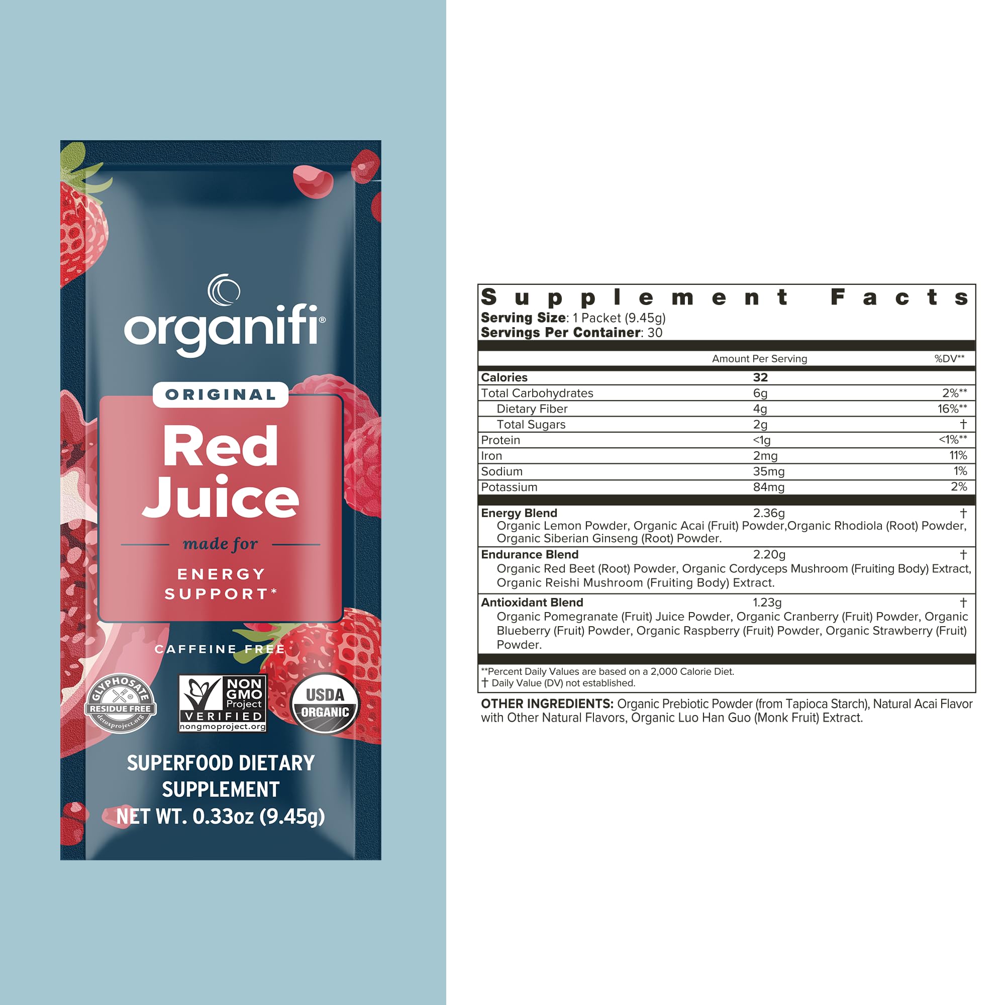 Organifi Red Juice being added to a smoothie for an energy-forward drink.