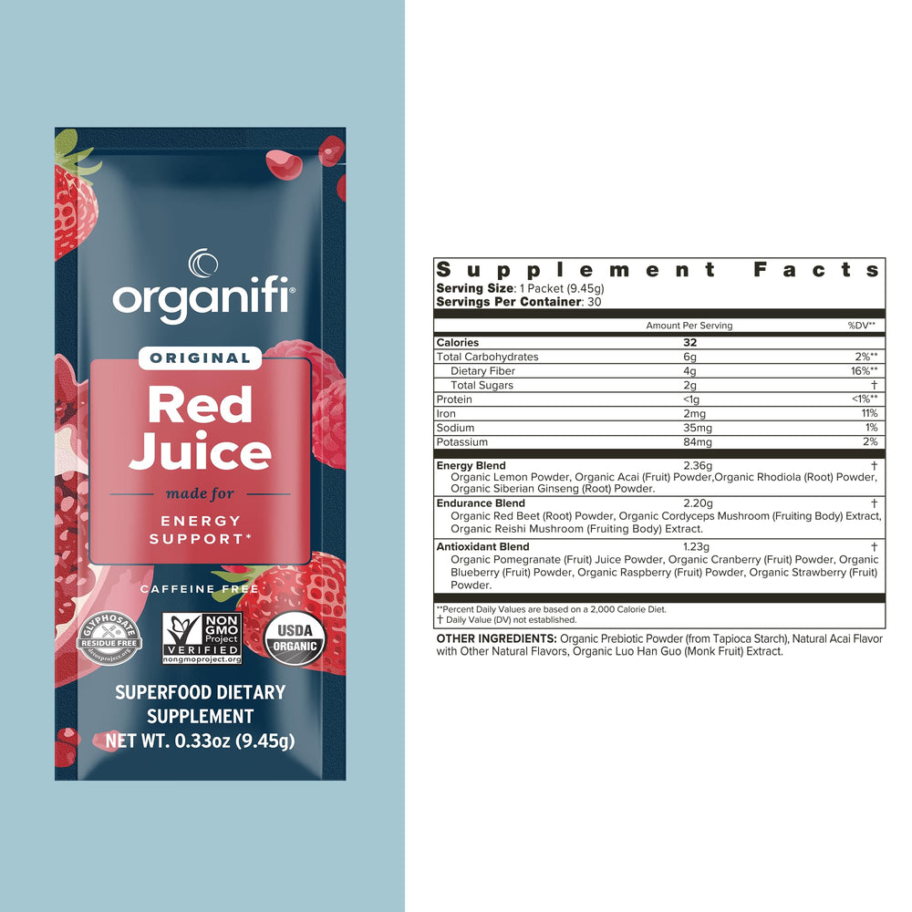 Organifi Red Juice being added to a smoothie for an energy-forward drink.