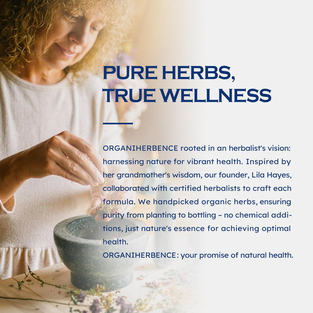 ORGANIHERBENCE Bilberry Drops amber tincture image emphasizes natural herbs