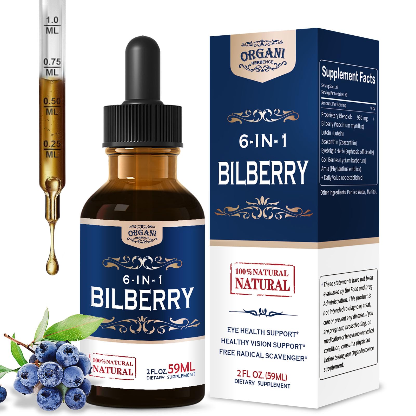 ORGANIHERBENCE Bilberry Drops bottle with dropper supports eye comfort