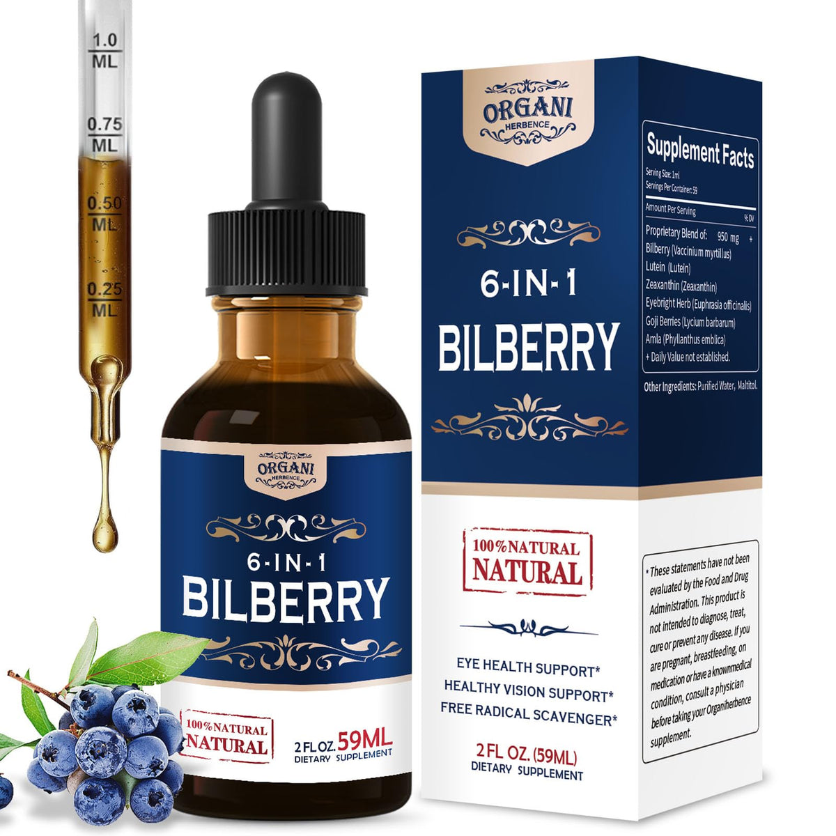 ORGANIHERBENCE Bilberry Drops bottle with dropper supports eye comfort