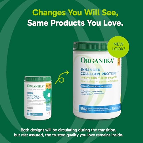 Organika Collagen Enhanced bottle back with ingredients and sourcing details.