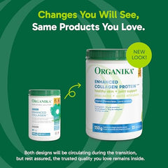Organika Collagen Enhanced bottle back with ingredients and sourcing details.