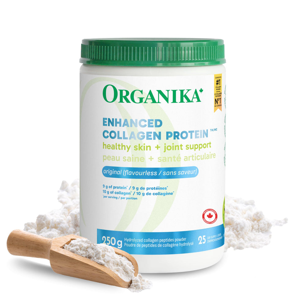 Organika Collagen Enhanced bottle front view signaling hair and nail support.