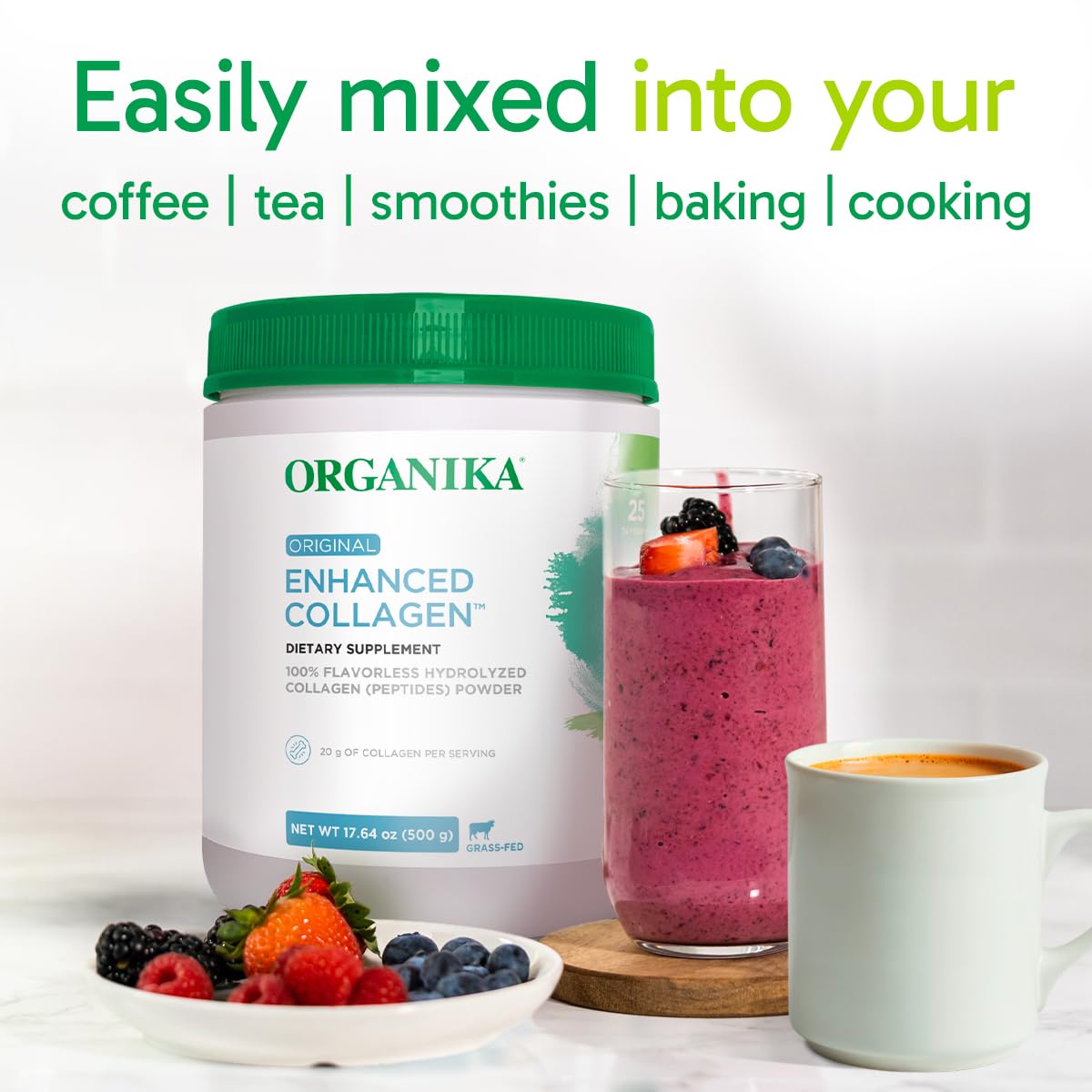 Organika collagen powder in recipe tray with fruit for skin and hair care
