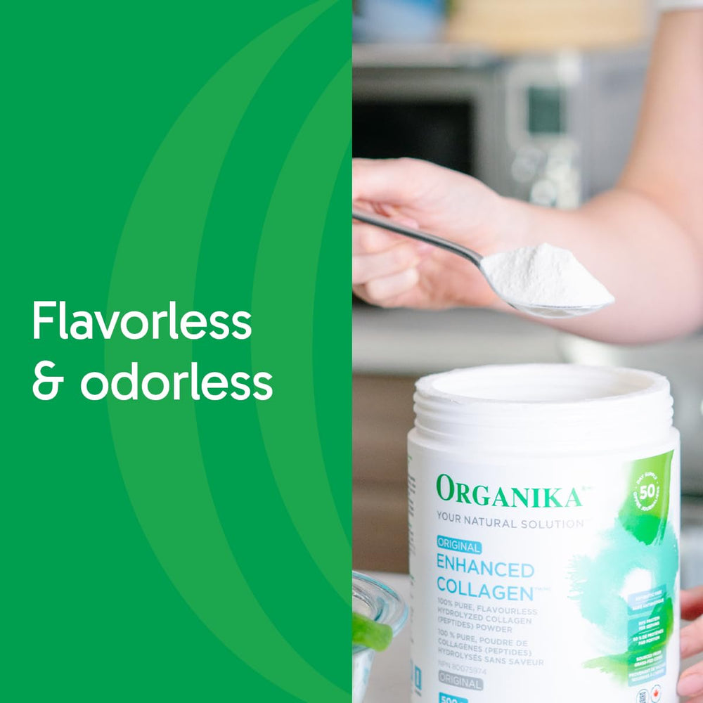 Organika scoop beside glass of water shows easy mixing for everyday use