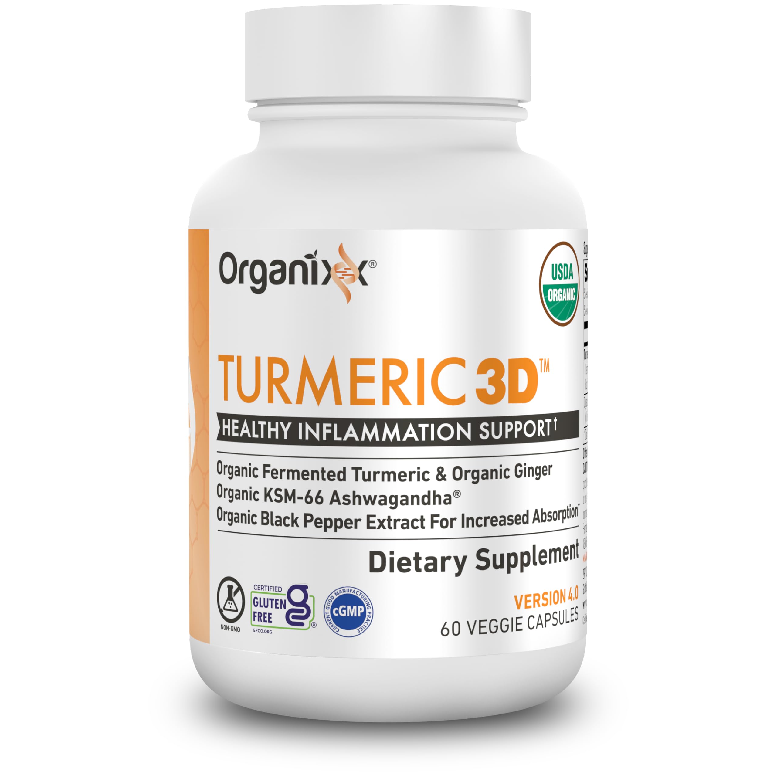 Organixx fermented formula bottle highlighting turmeric and ginger for absorption.