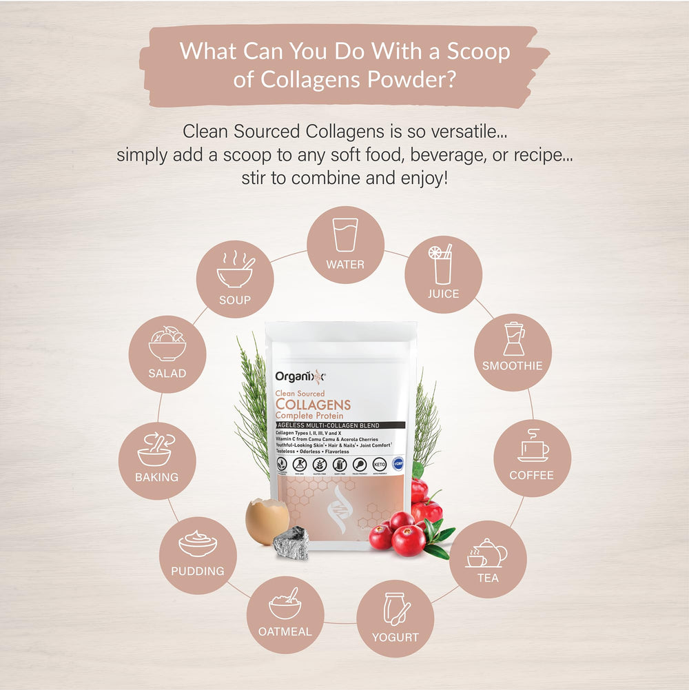 Organixx collagen peptides powder in tea highlights flavor-free blending