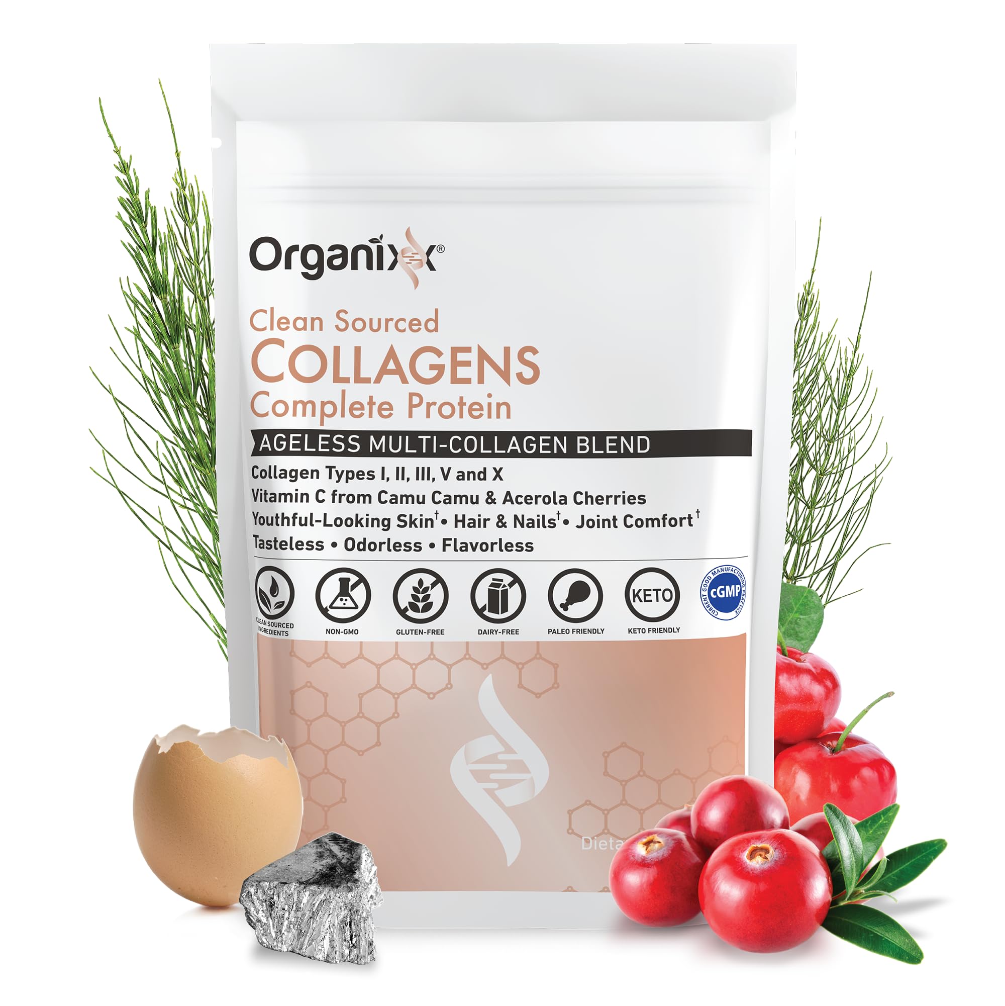 Organixx collagen peptides powder tub open shows easy scoop for mixing