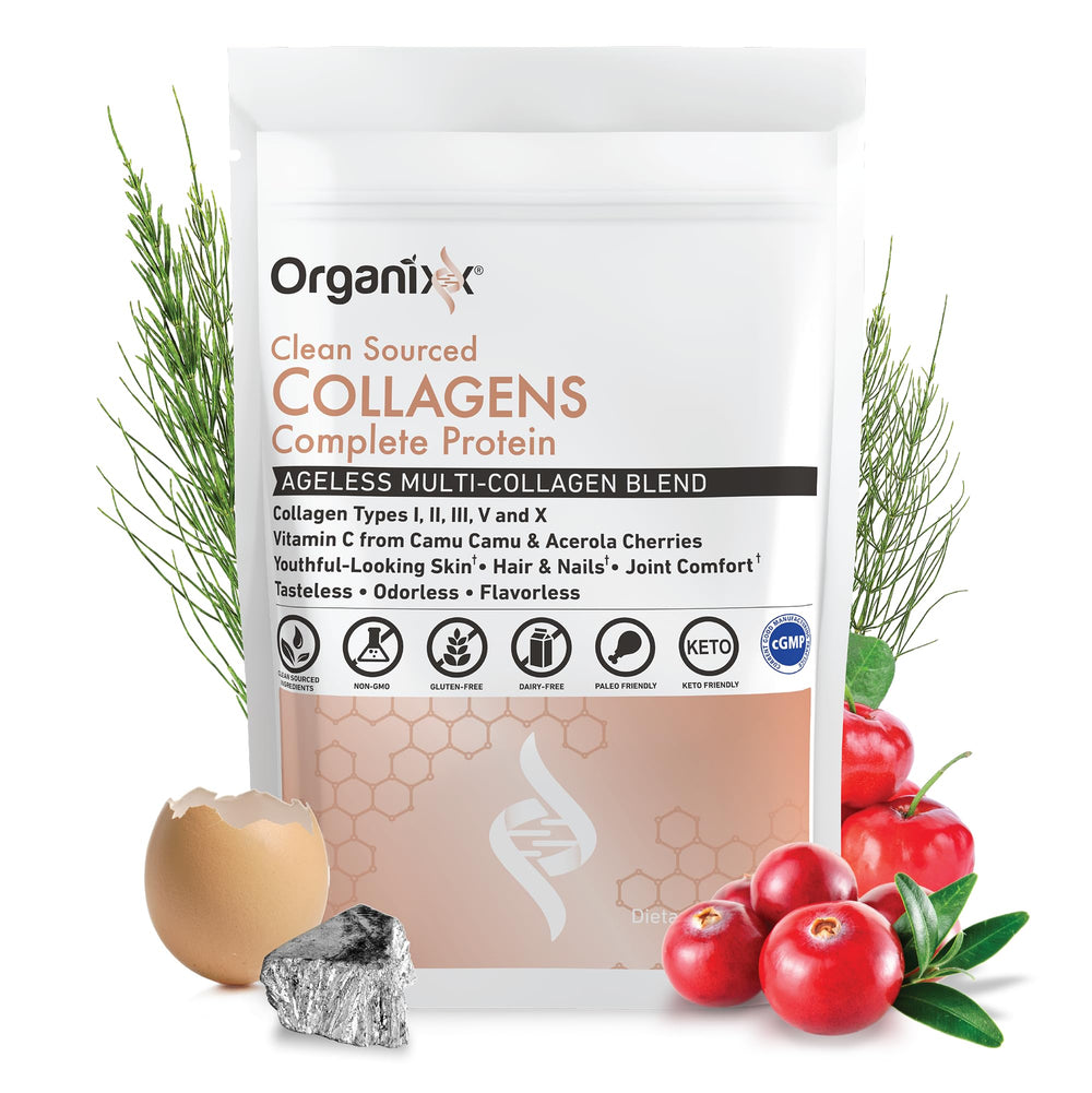 Organixx collagen peptides powder tub open shows easy scoop for mixing