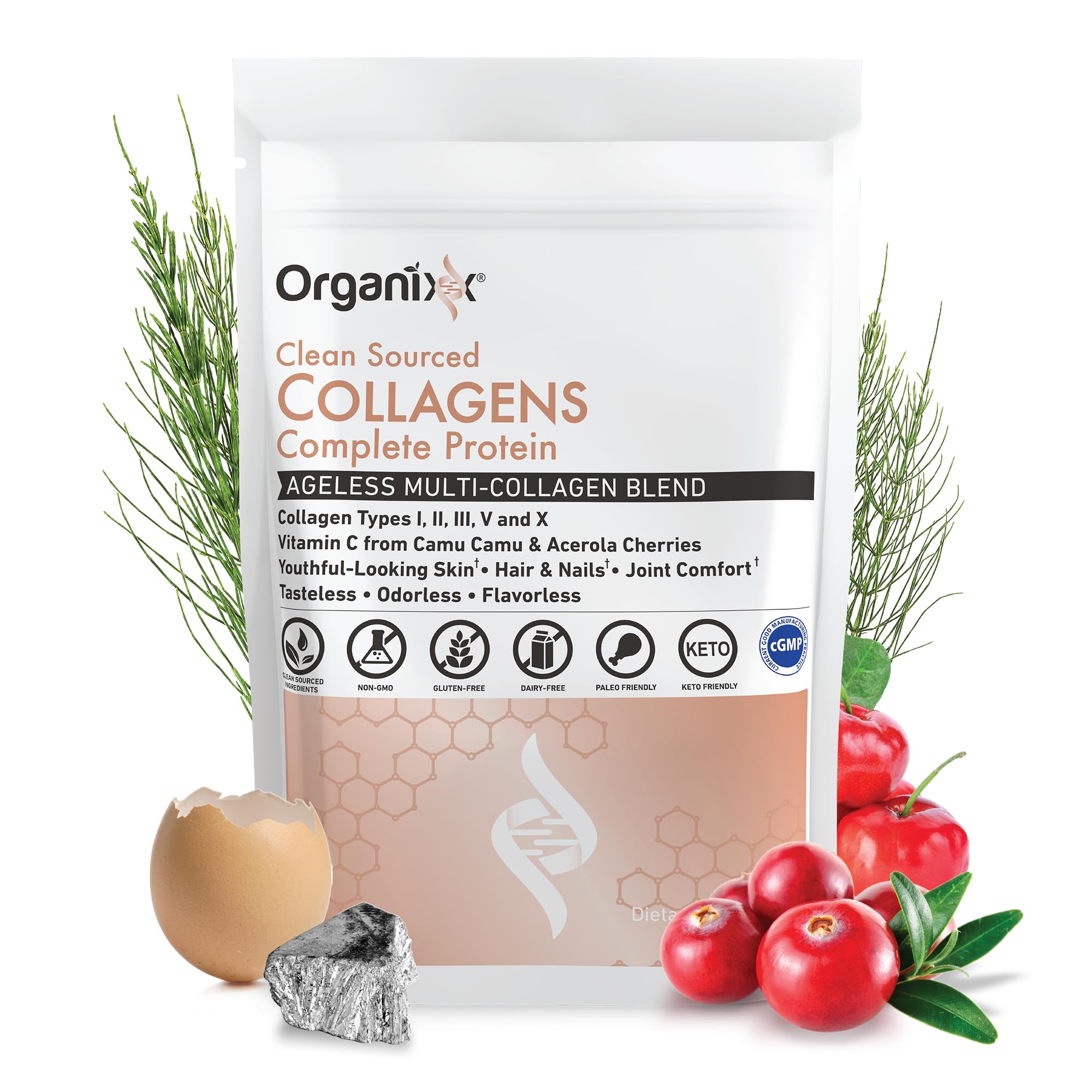 Organixx Collagen Bottle Label shows clean sourced collagen and vitamin C benefits.