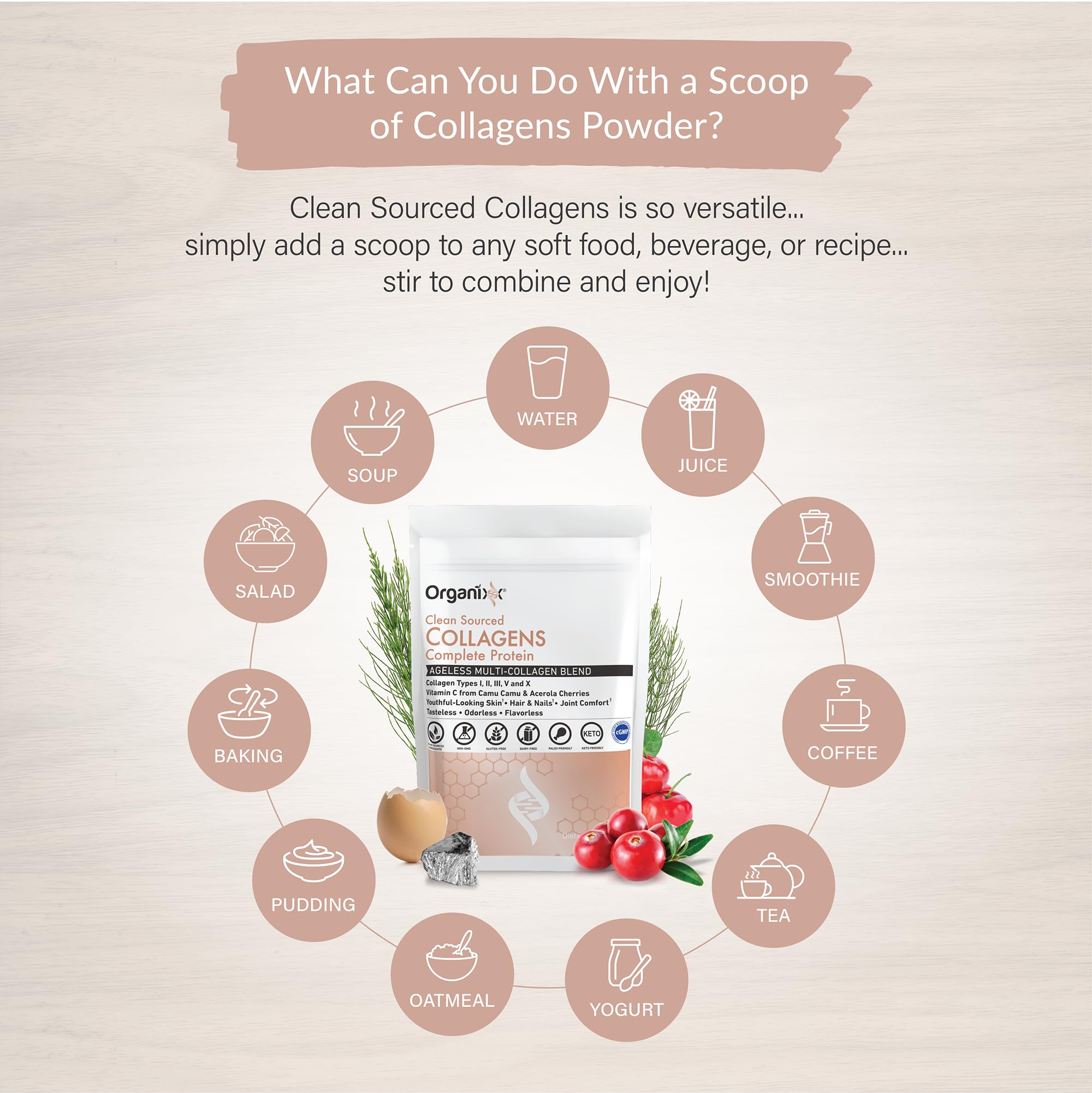 Organixx Collagen Powder in a coffee mug for morning routine.