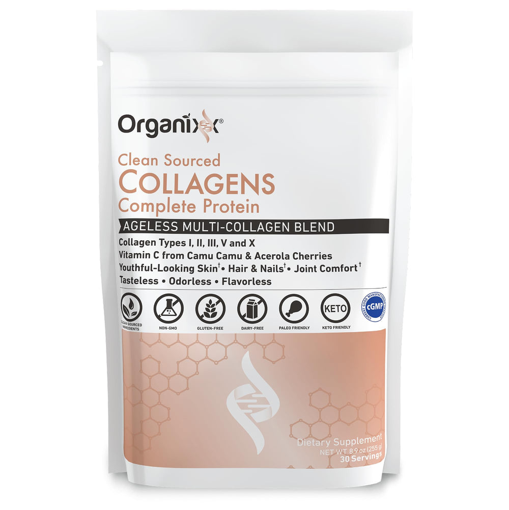 Organixx Collagen Powder scoop dispensing into a drink for daily use.