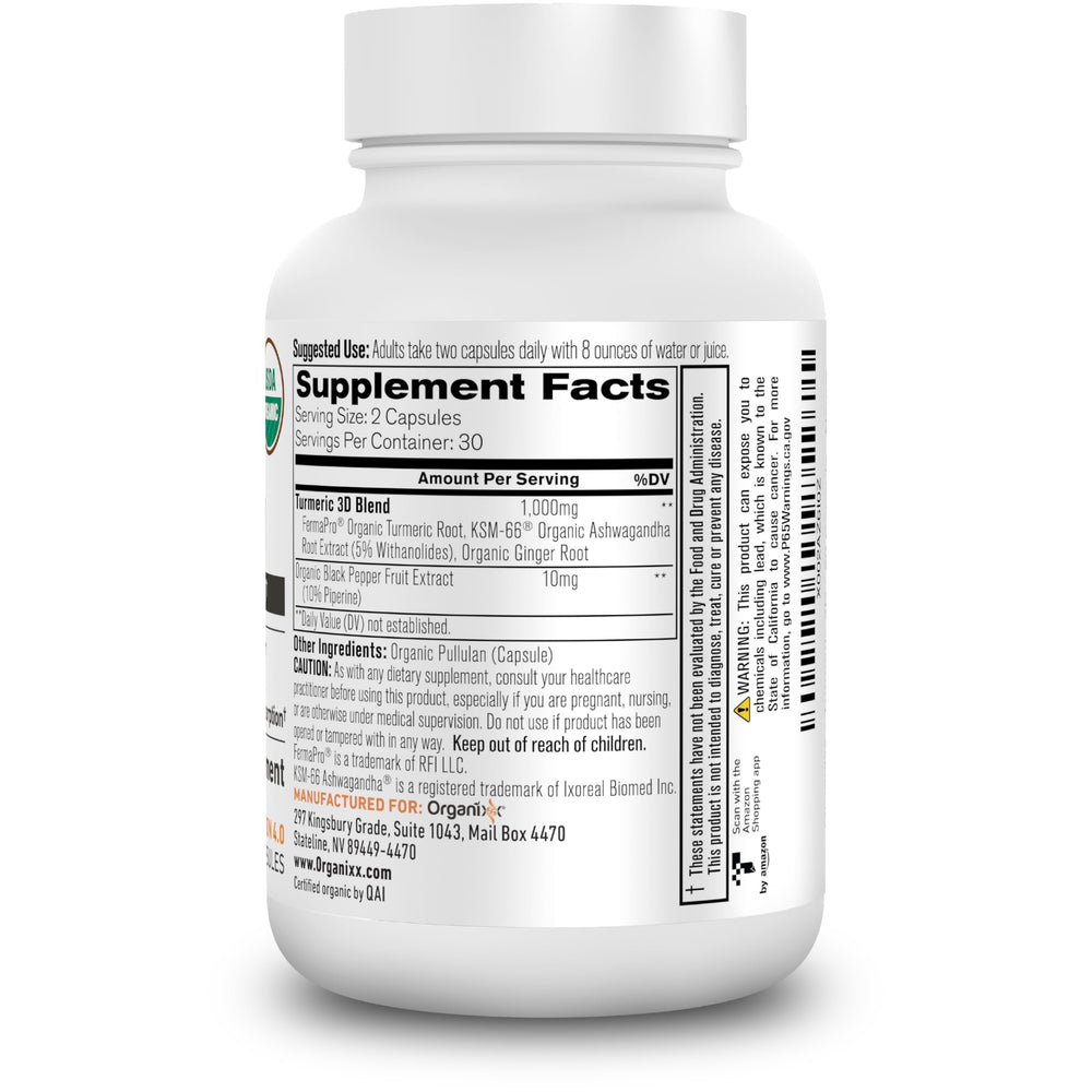 Organixx turmeric curcumin bottle pouring capsules for digestive comfort.