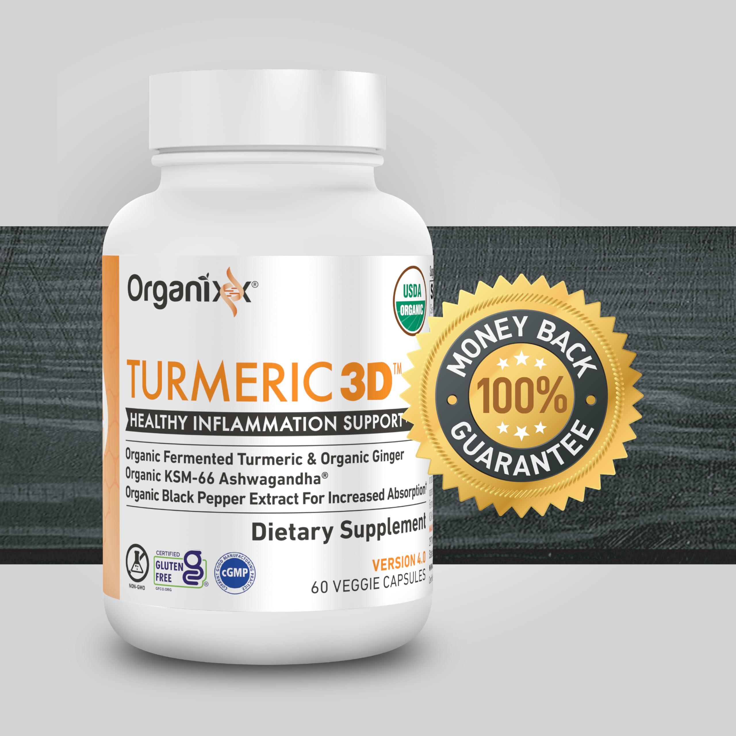 Organixx turmeric label close-up emphasizing USDA Organic certification.