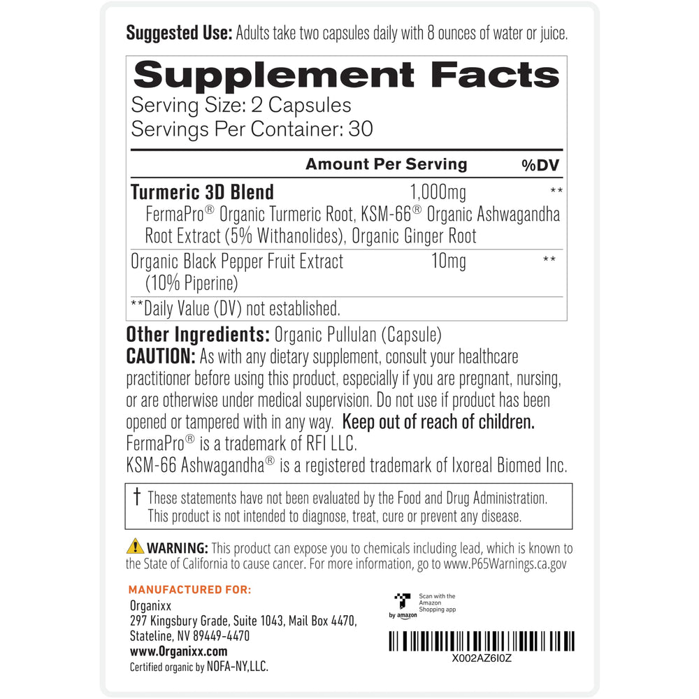 Organixx turmeric ginger ashwagandha capsules with organic, fermented bioavailability.