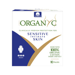 Organyc heavy flow pads packaging shown for easy finding and discreet storage.