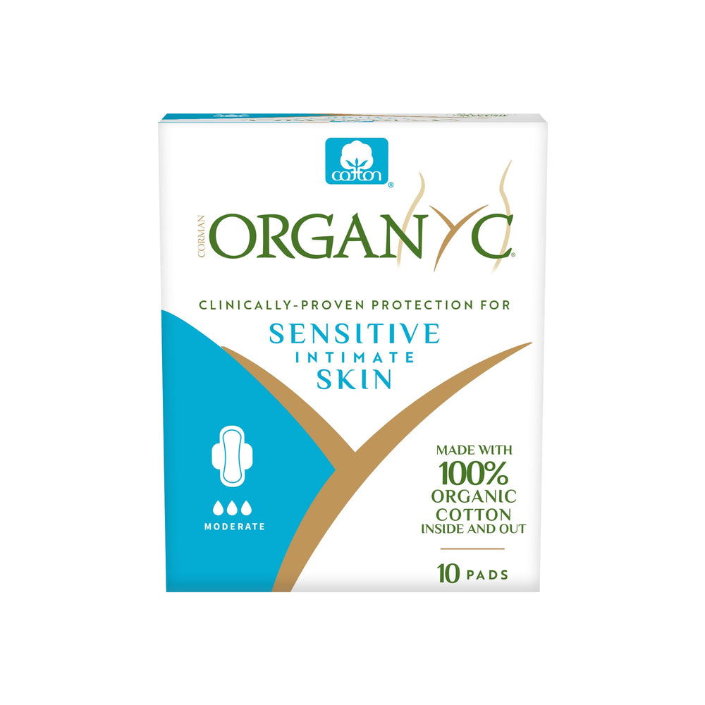 Organyc moderate flow pad packaging shows discreet, pocket-friendly protection.