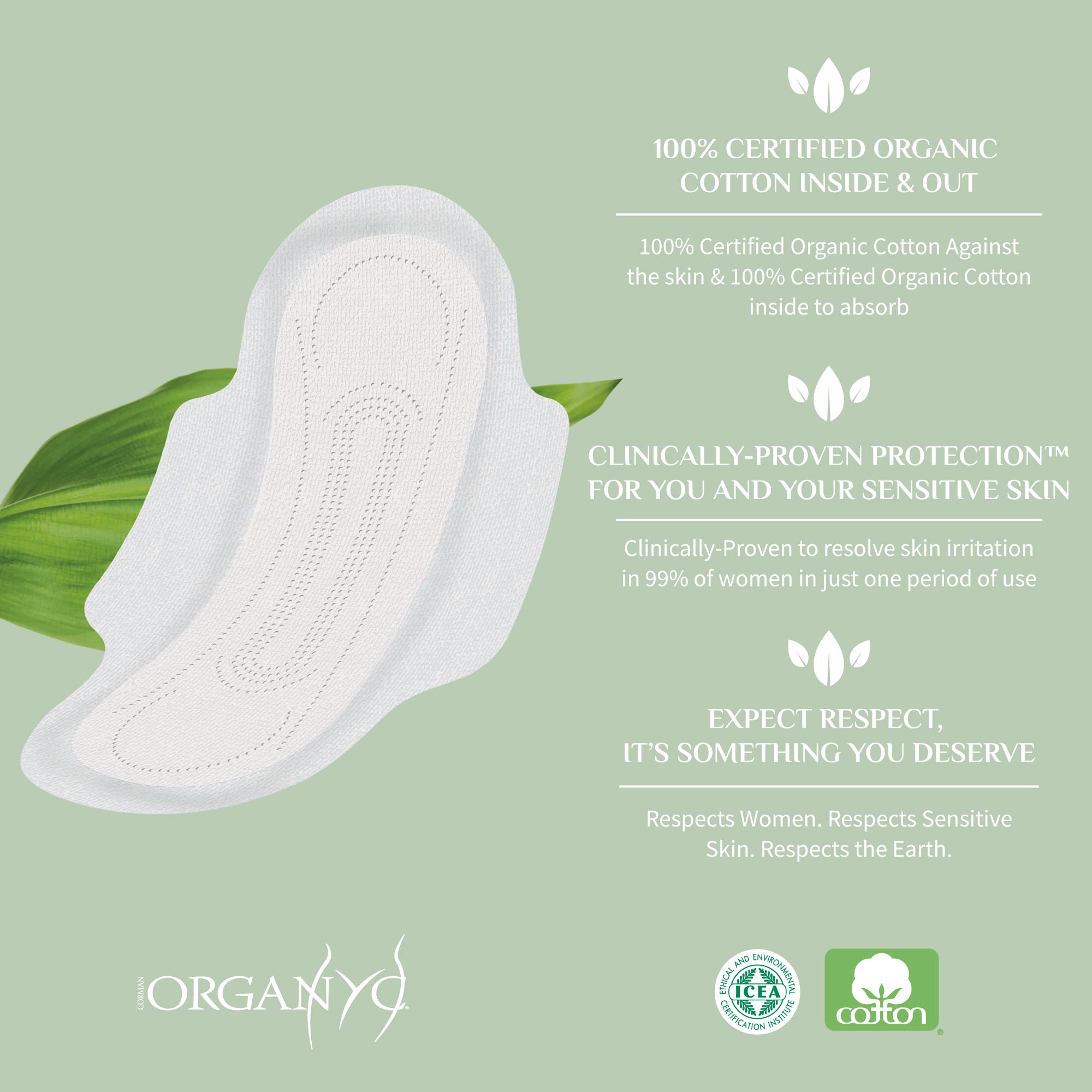 Organyc soft, discreet wrapped pad for on-the-go use.