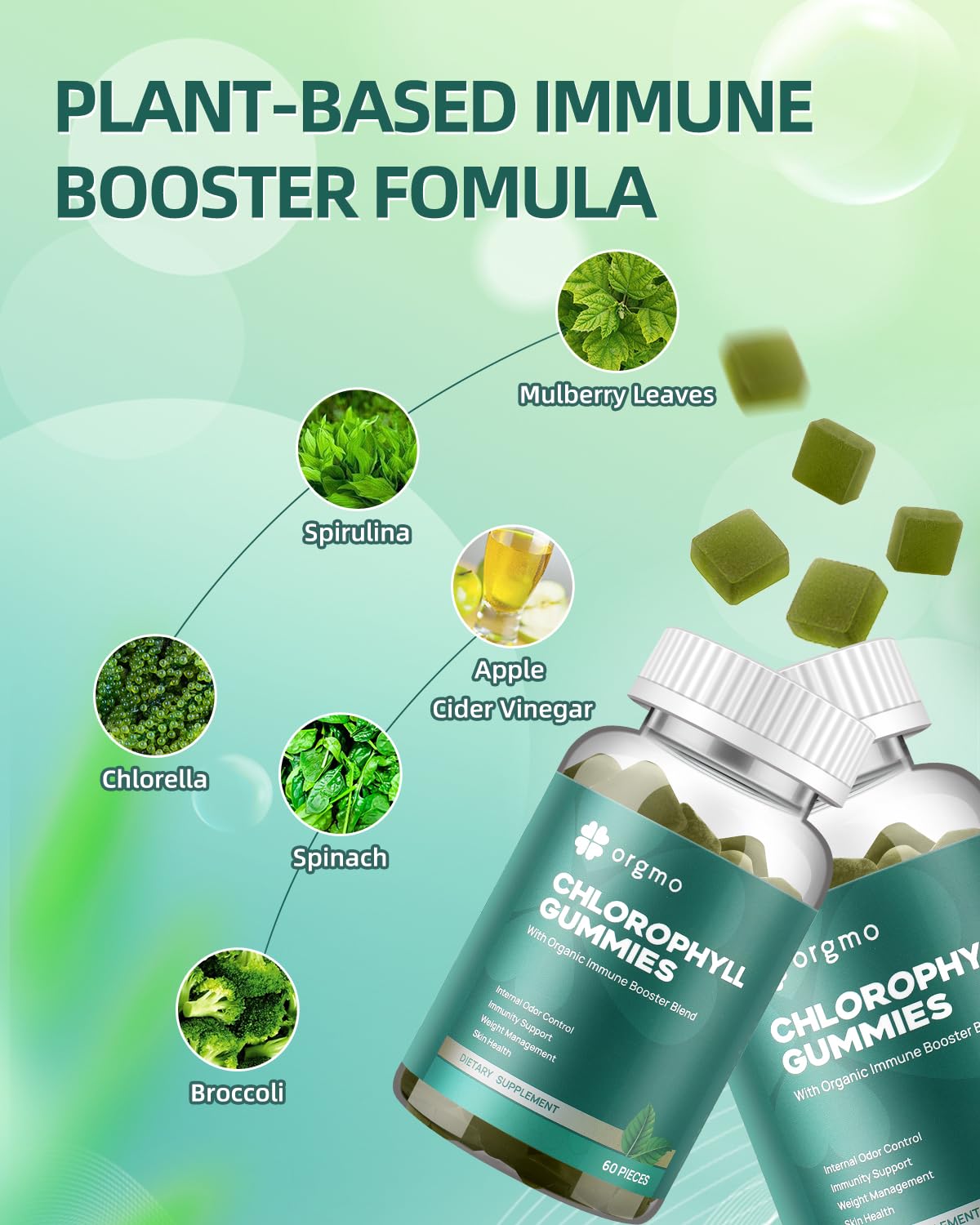 ORGMO Chlorophyll Gummies close-up with pale green-apple flavor detail.