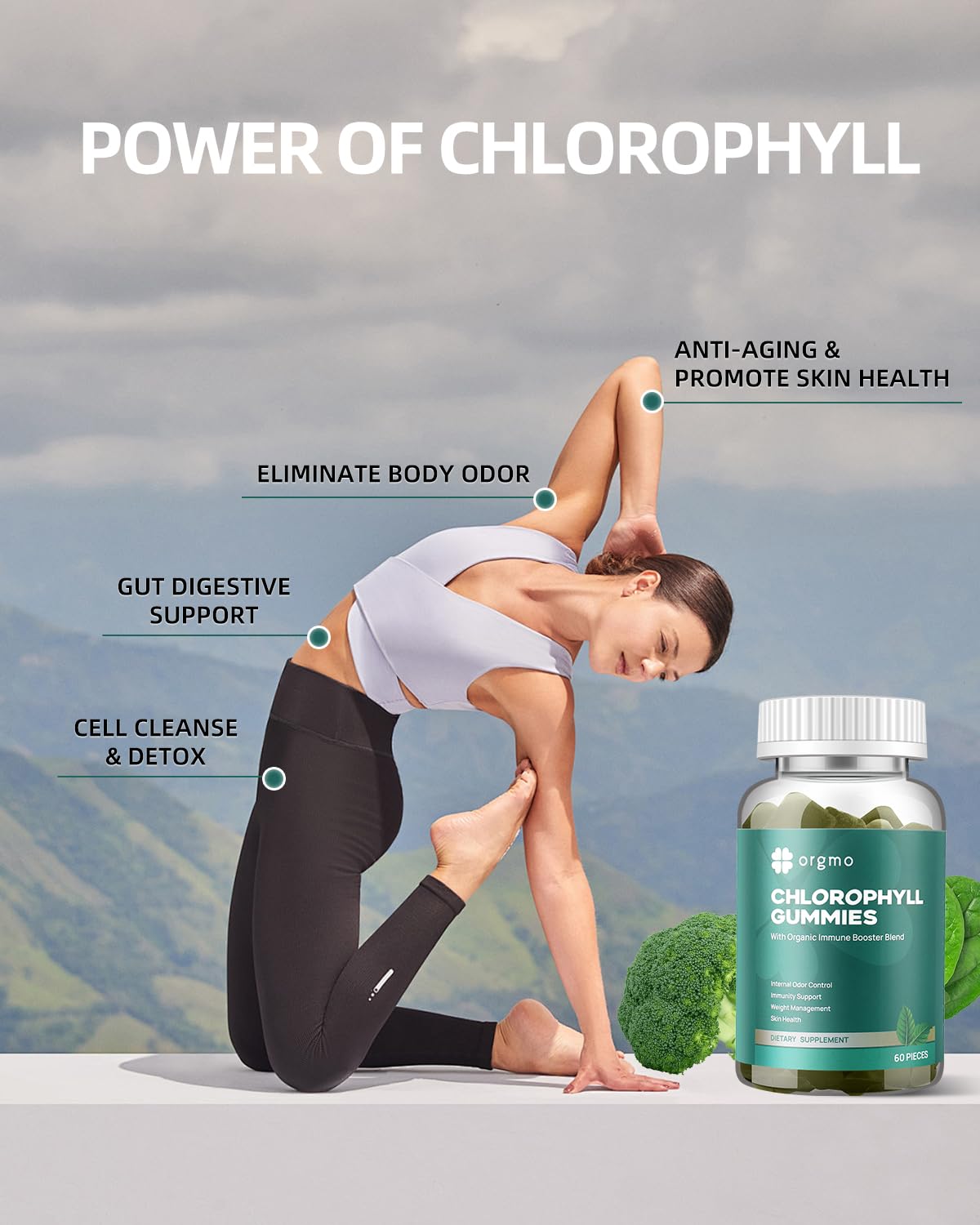 ORGMO spirulina-chlorella-ACV blend highlighting plant-powered ingredients.