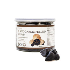 Orgnisulmte peeled black garlic cloves ready to eat for quick flavor boosts