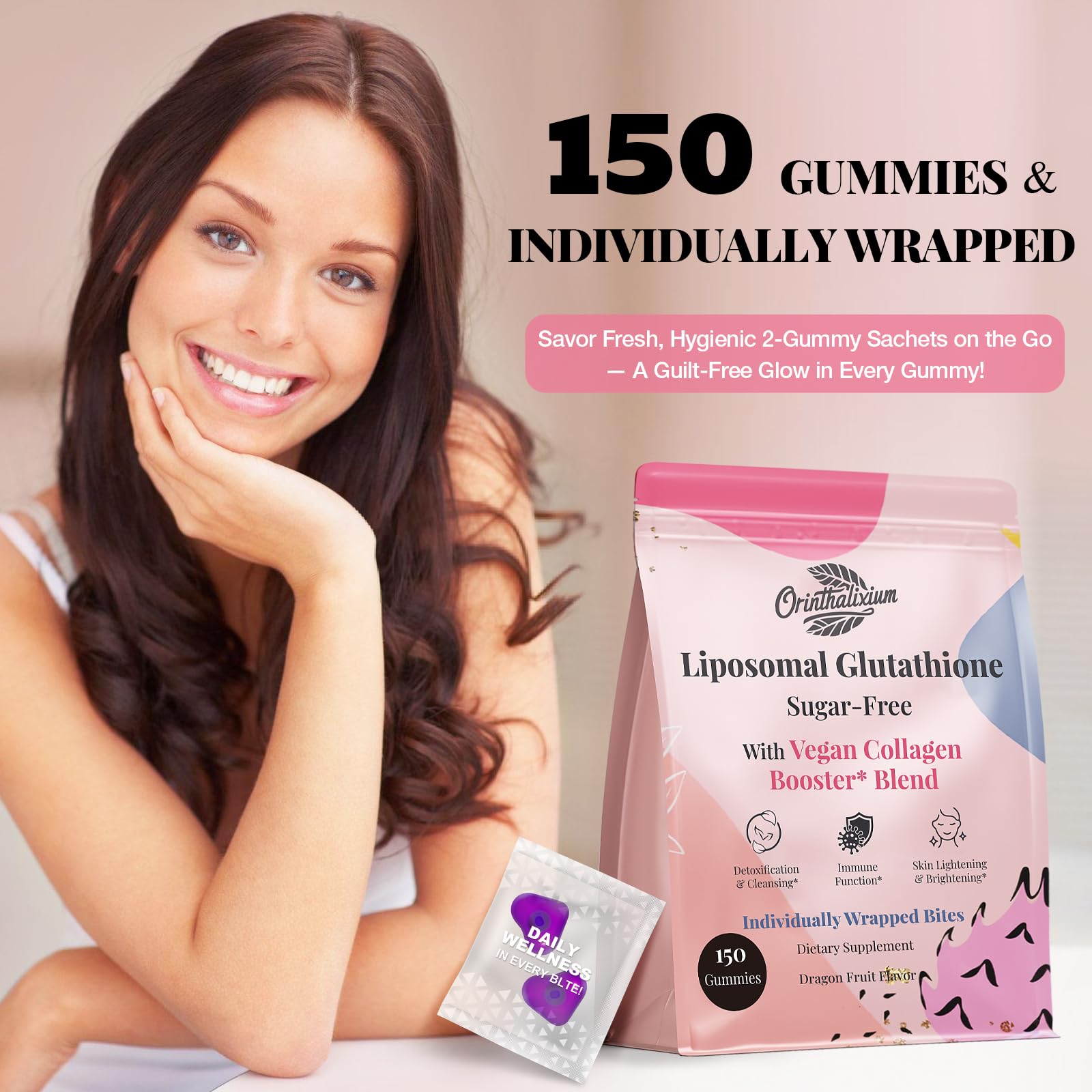 Orinthalixium daily-use gummies on countertop highlighting skincare ritual.